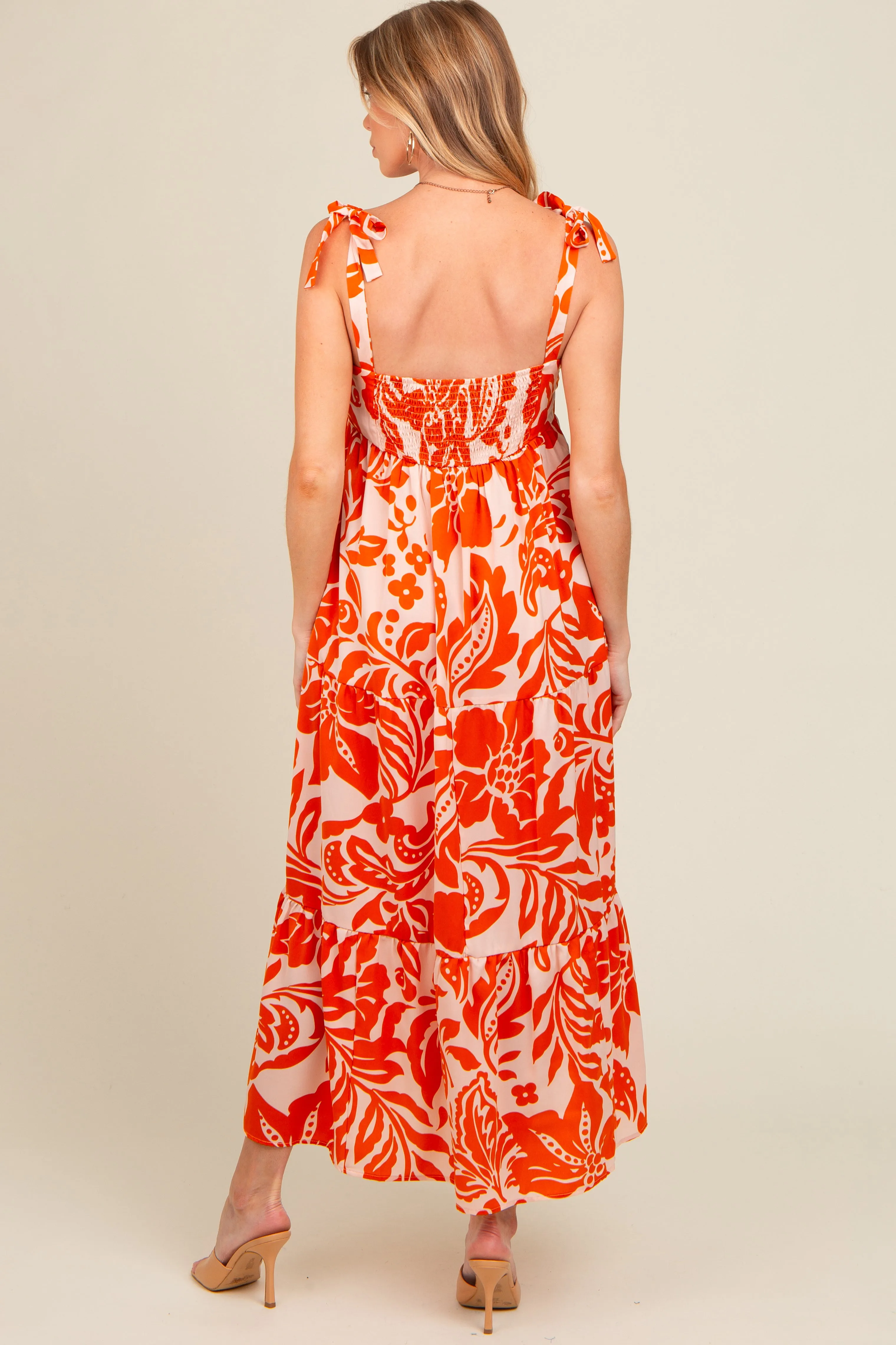 Orange Tropical Floral Shoulder Tie Tiered Maternity Midi Dress sold by Pinkblush product image thumbnail 3