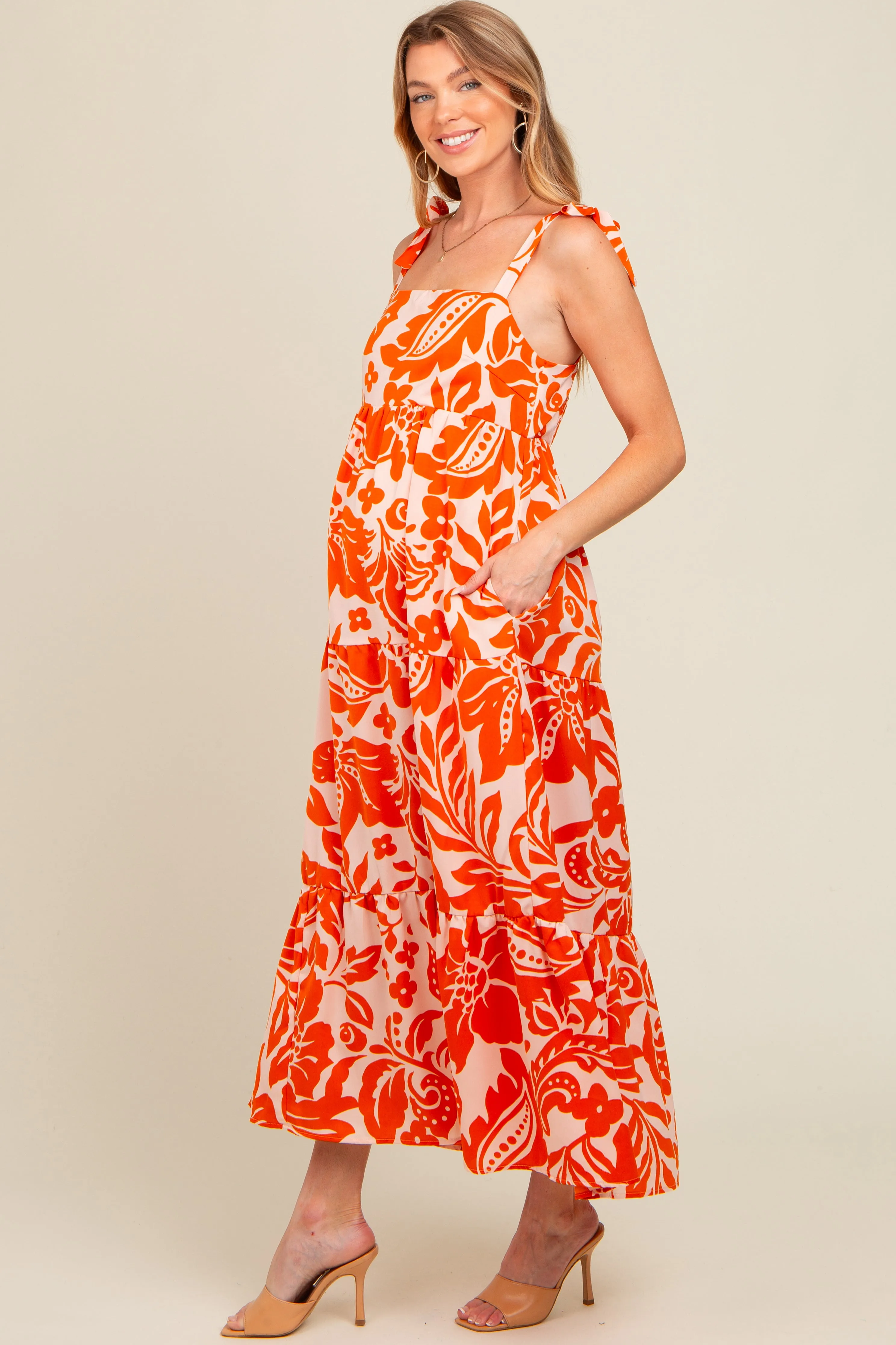 Orange Tropical Floral Shoulder Tie Tiered Maternity Midi Dress sold by Pinkblush