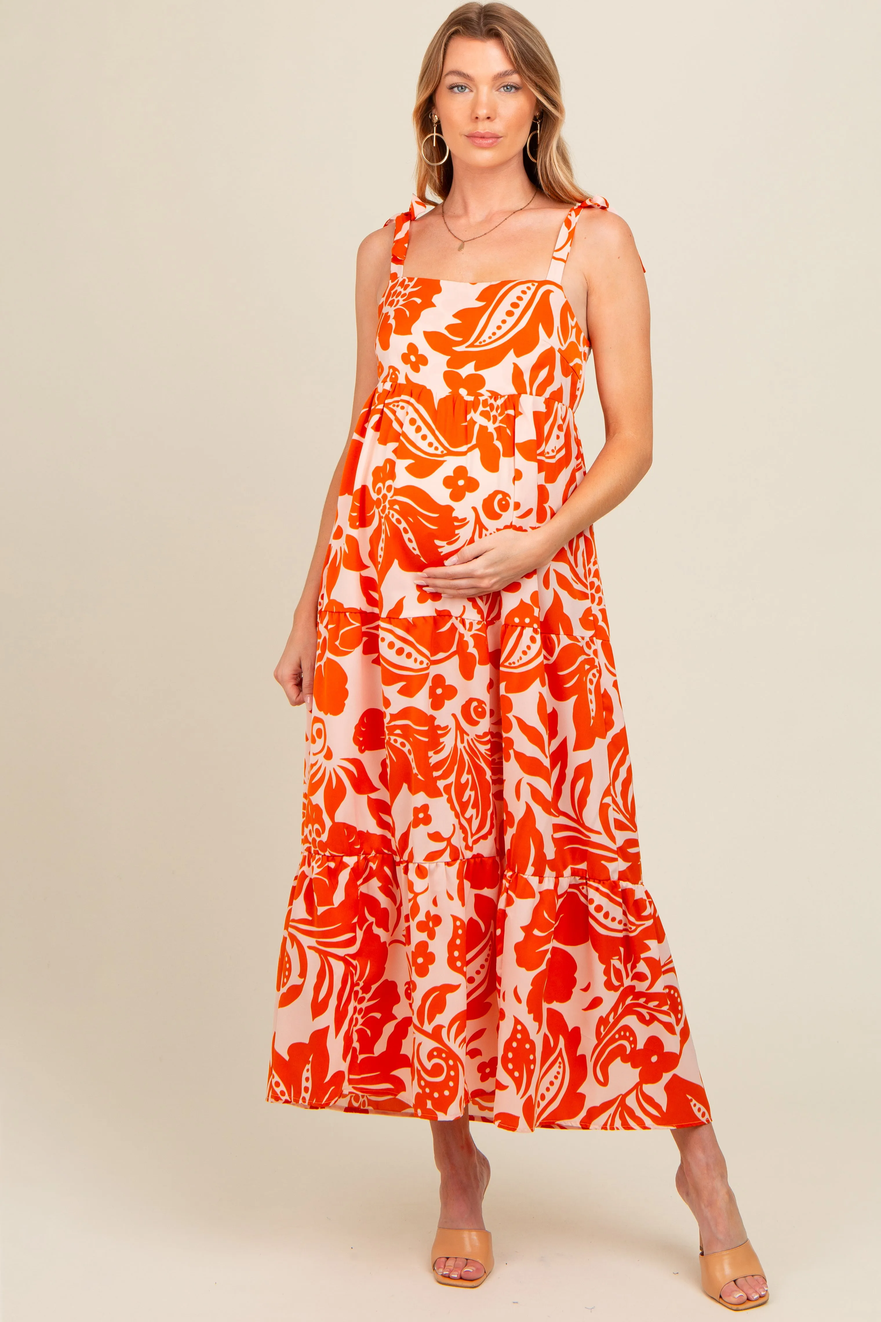 Orange Tropical Floral Shoulder Tie Tiered Maternity Midi Dress sold by Pinkblush product image thumbnail 2
