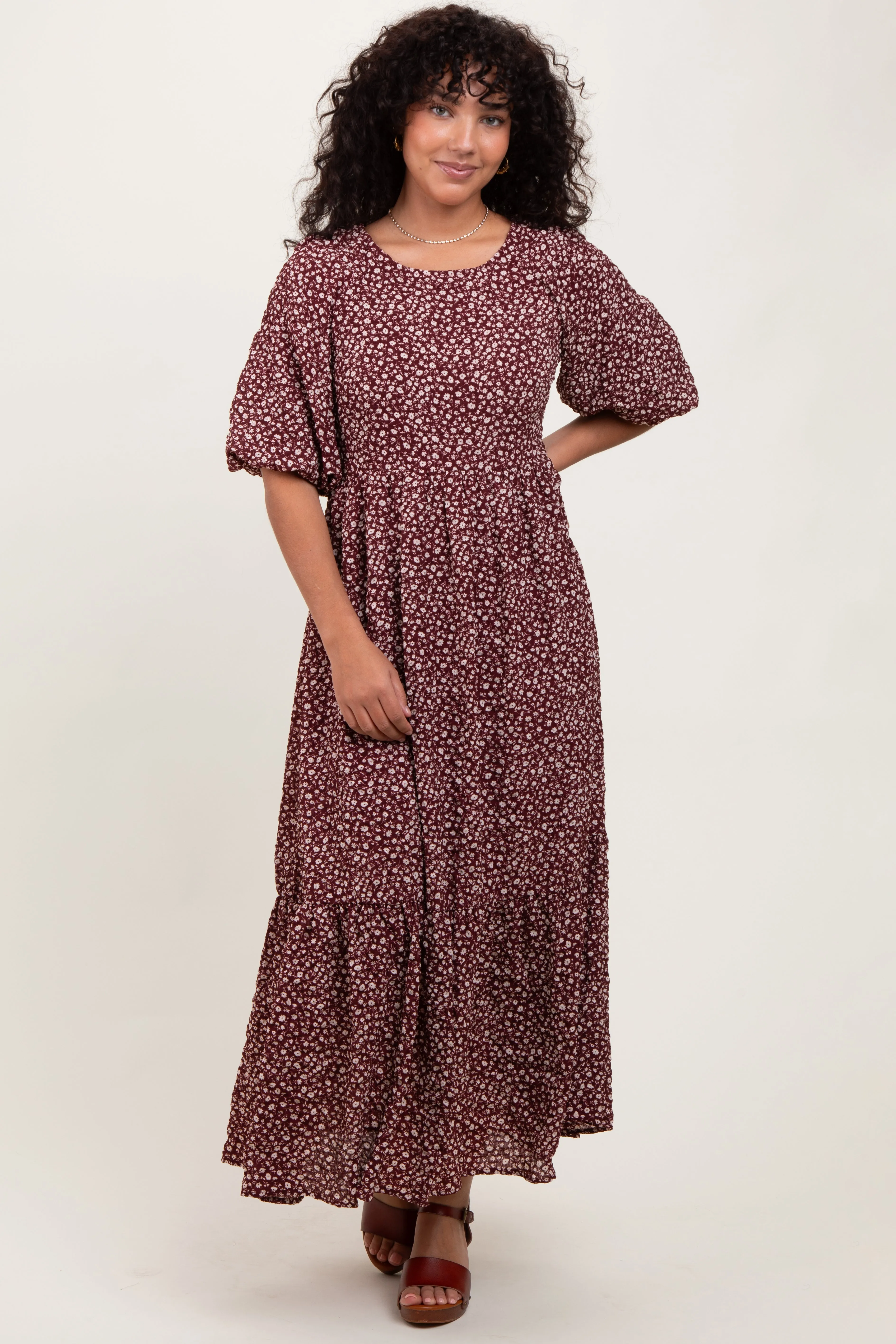 Burgundy Floral Puffed Short Sleeve Maxi Dress sold by Pinkblush