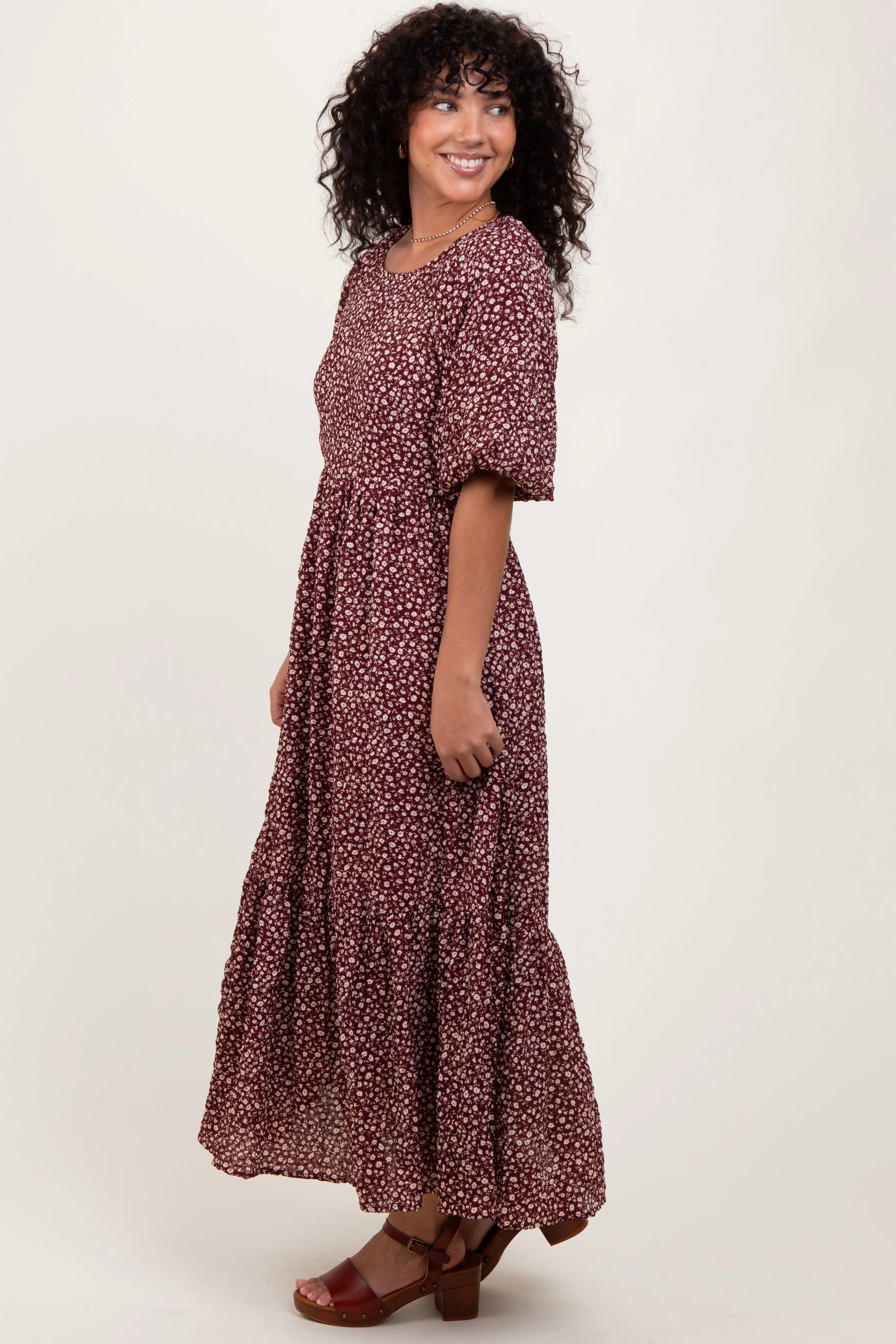 Burgundy Floral Puffed Short Sleeve Maxi Dress sold by Pinkblush product image thumbnail 2