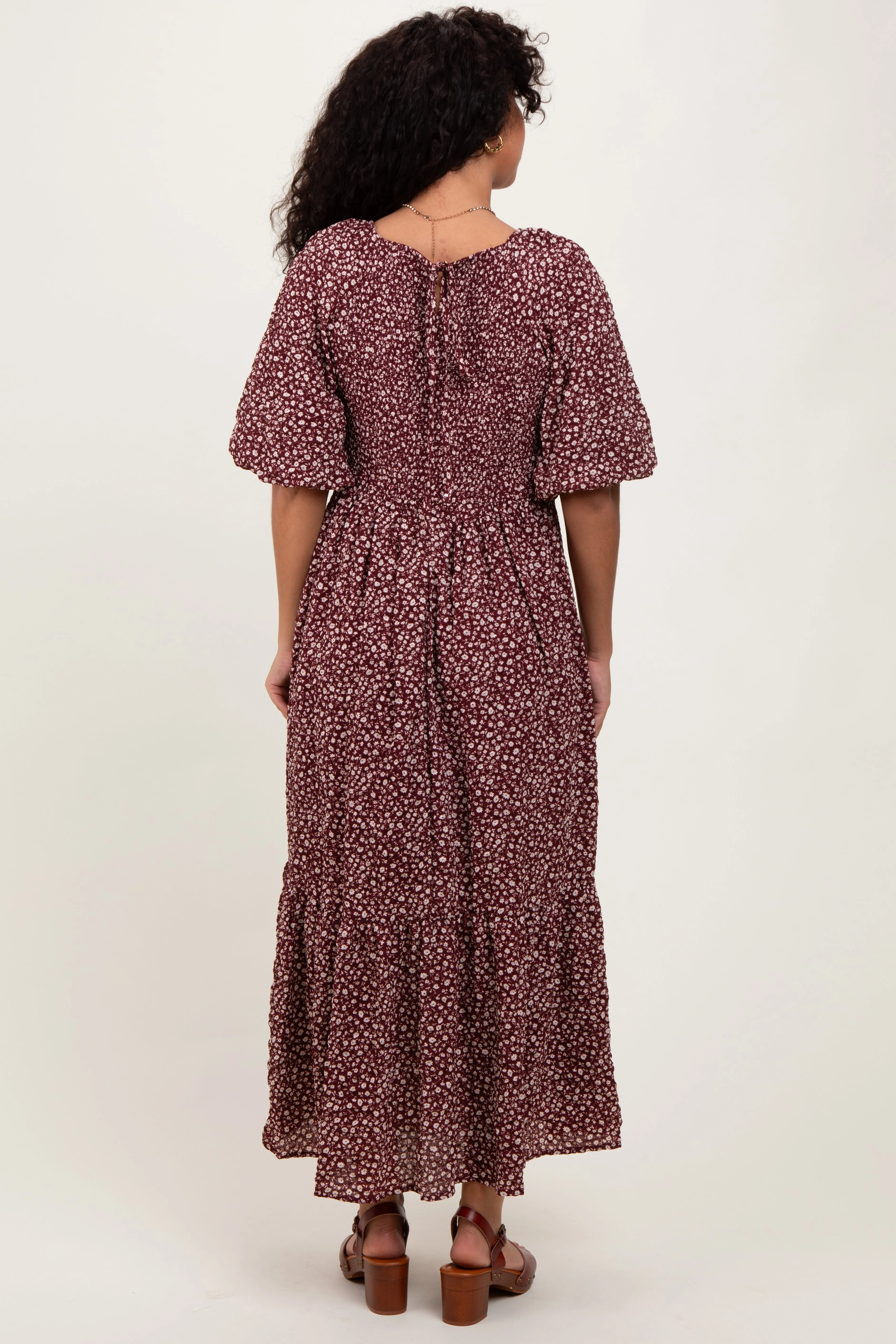Burgundy Floral Puffed Short Sleeve Maxi Dress sold by Pinkblush product image thumbnail 3