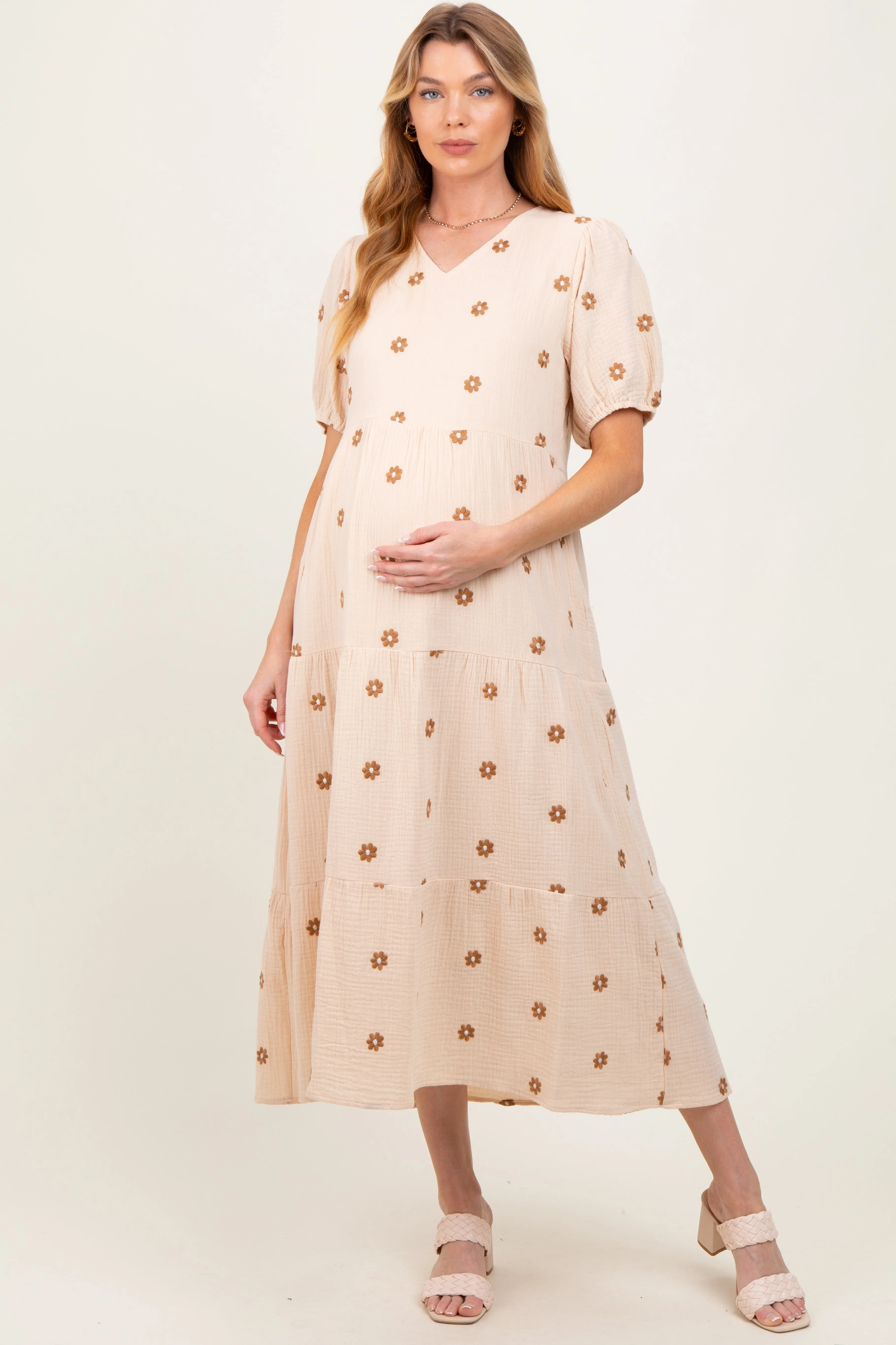 Cream Floral Embroidered Tiered Maternity Midi Dress sold by Pinkblush