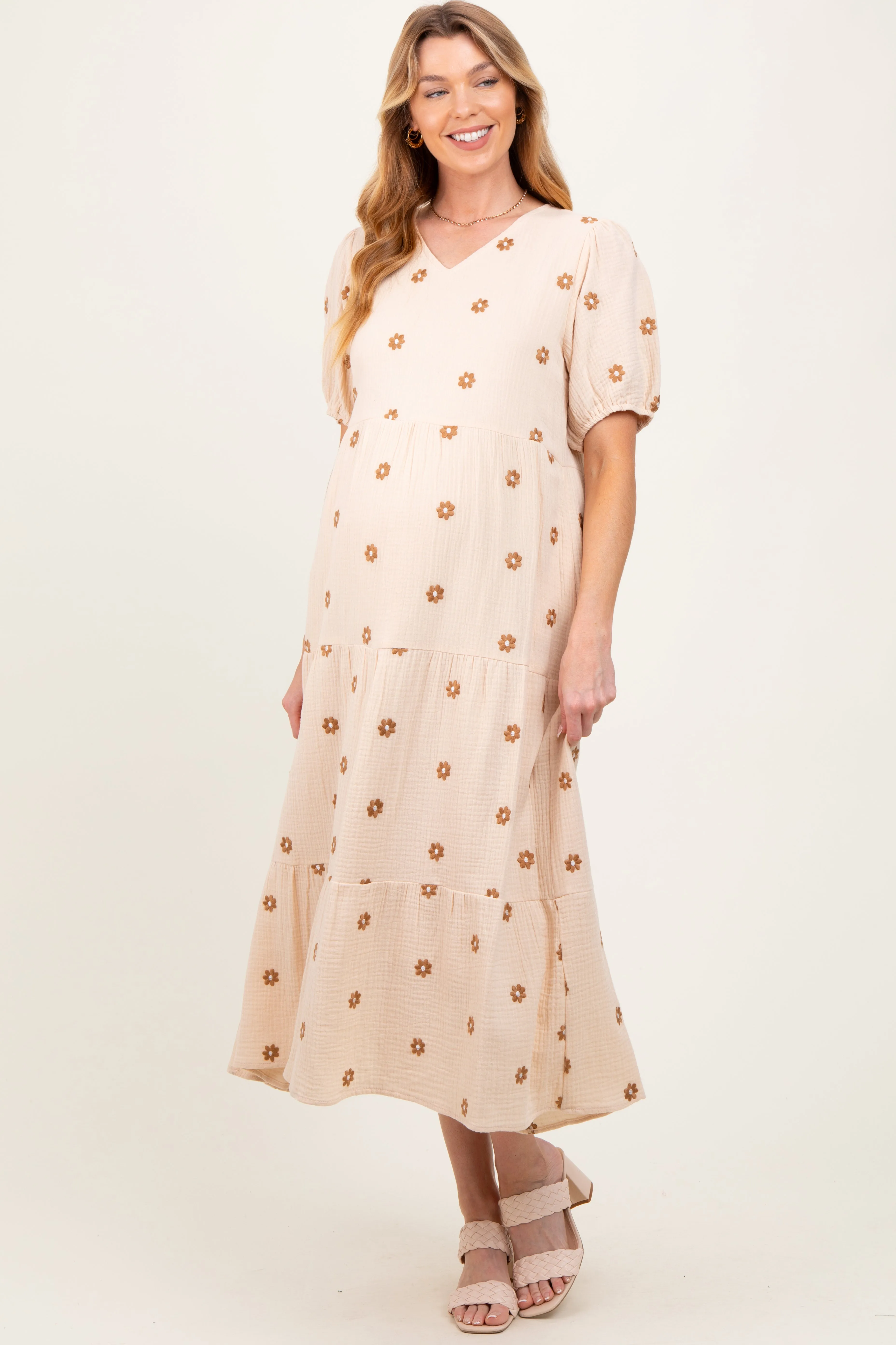 Cream Floral Embroidered Tiered Maternity Midi Dress sold by Pinkblush product image thumbnail 2