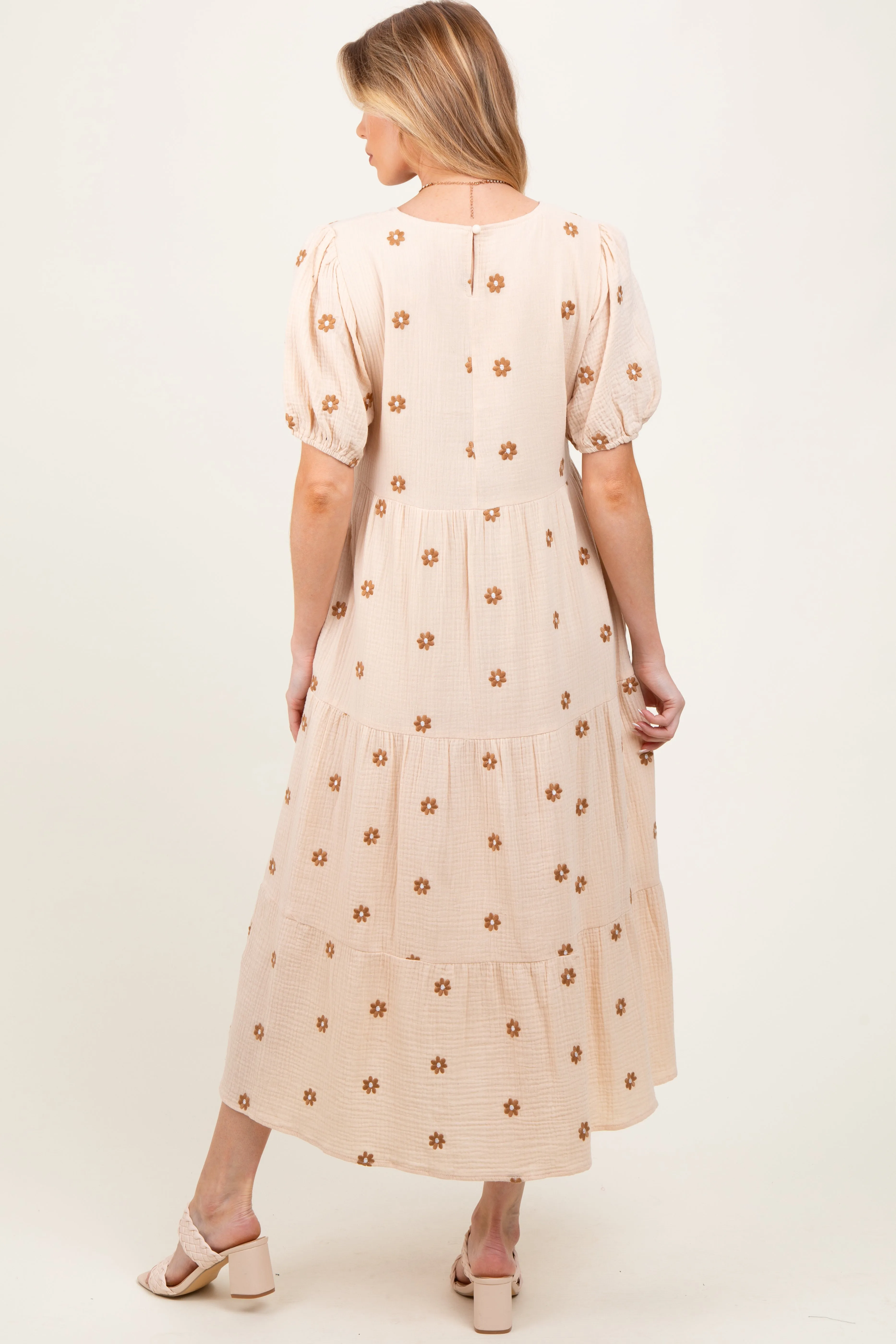Cream Floral Embroidered Tiered Maternity Midi Dress sold by Pinkblush product image thumbnail 3