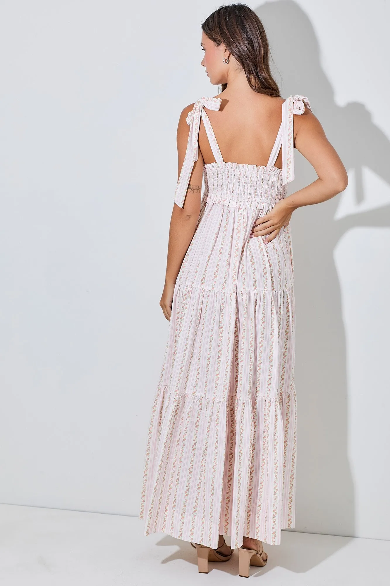 Pink Floral Striped Smocked Shoulder Tie Maxi Dress sold by Pinkblush product image thumbnail 3