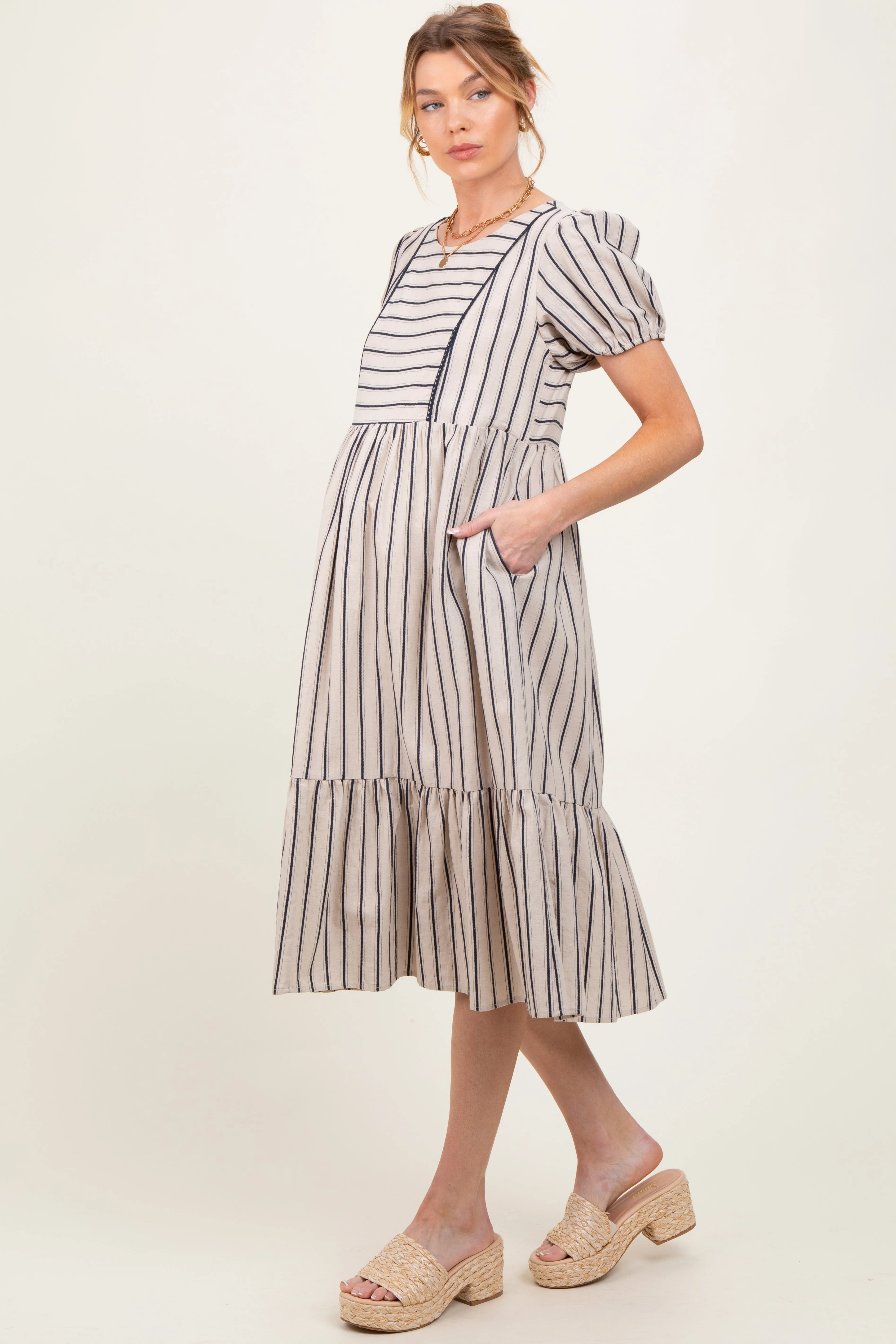 Beige Striped Short Sleeve Maternity Midi Dress sold by Pinkblush