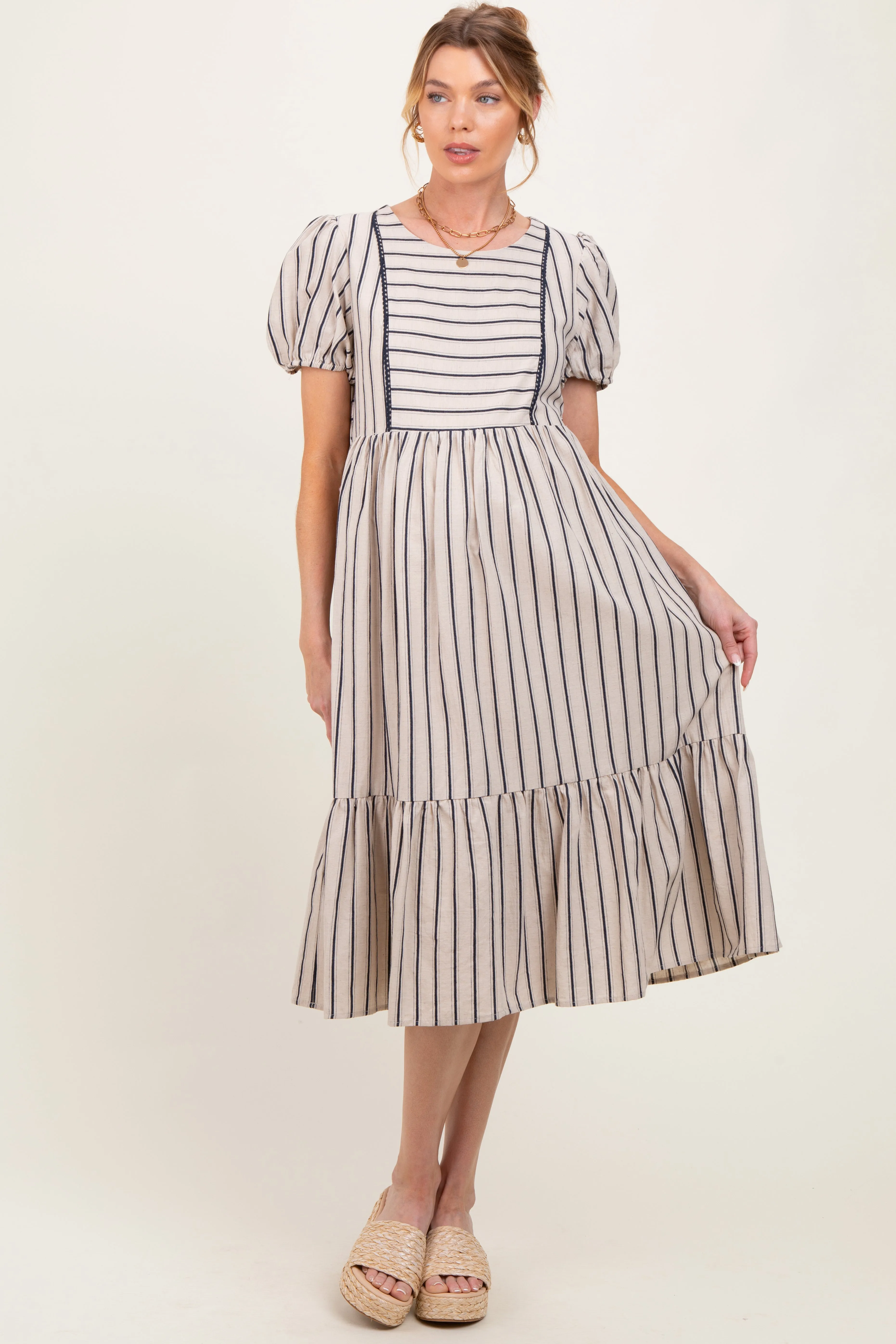 Beige Striped Short Sleeve Maternity Midi Dress sold by Pinkblush product image thumbnail 2