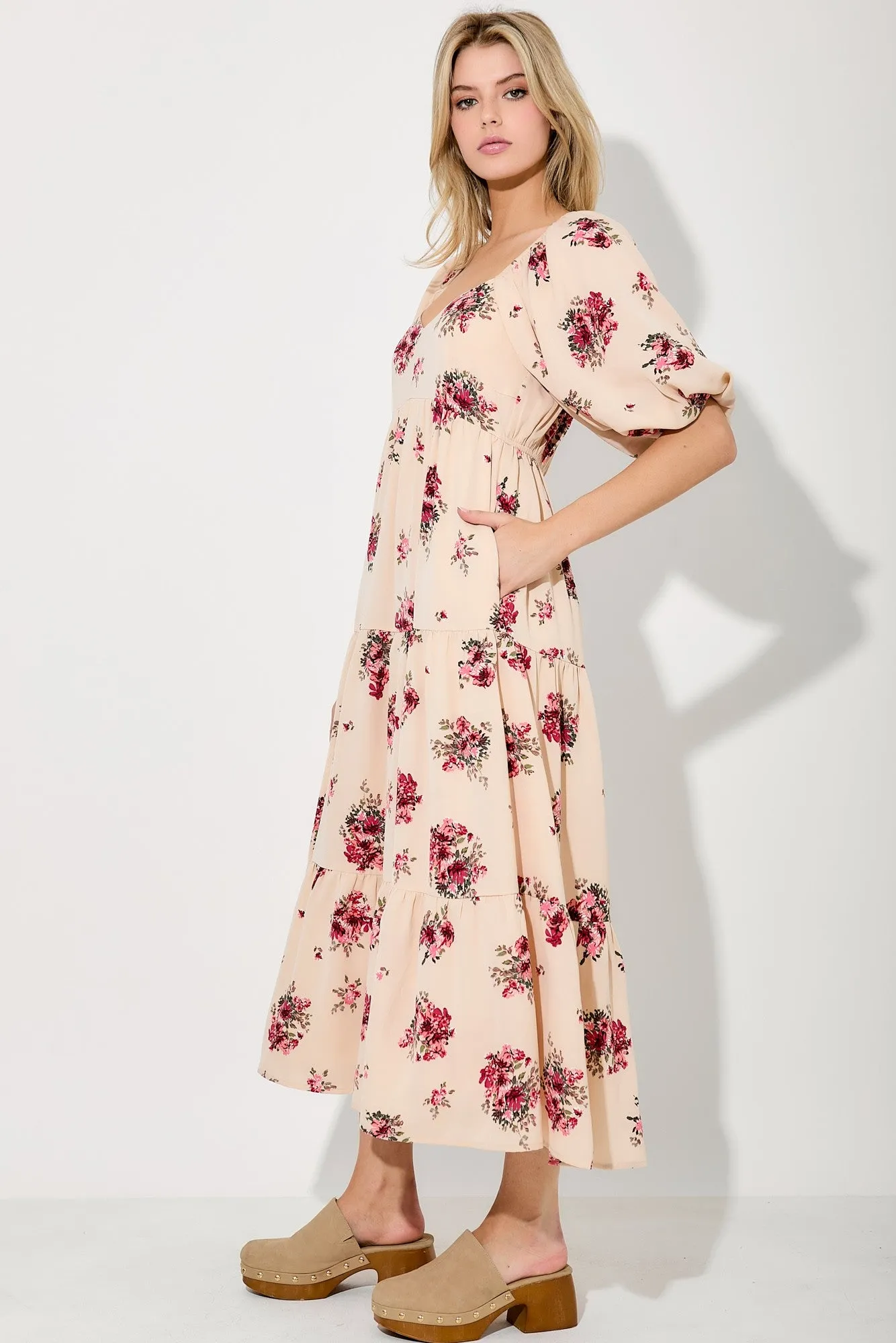 Cream Floral Puff Sleeve Tiered Maxi Dress sold by Pinkblush product image thumbnail 2