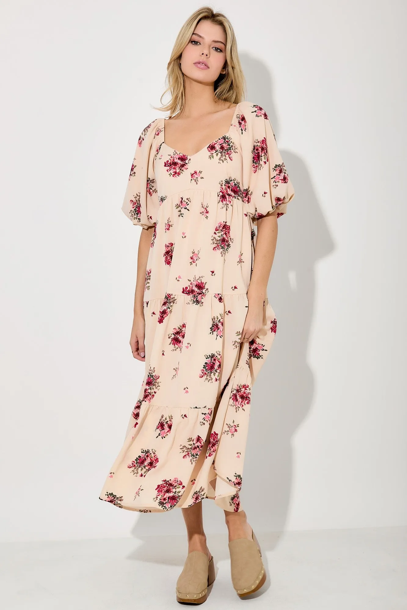 Cream Floral Puff Sleeve Tiered Maxi Dress sold by Pinkblush