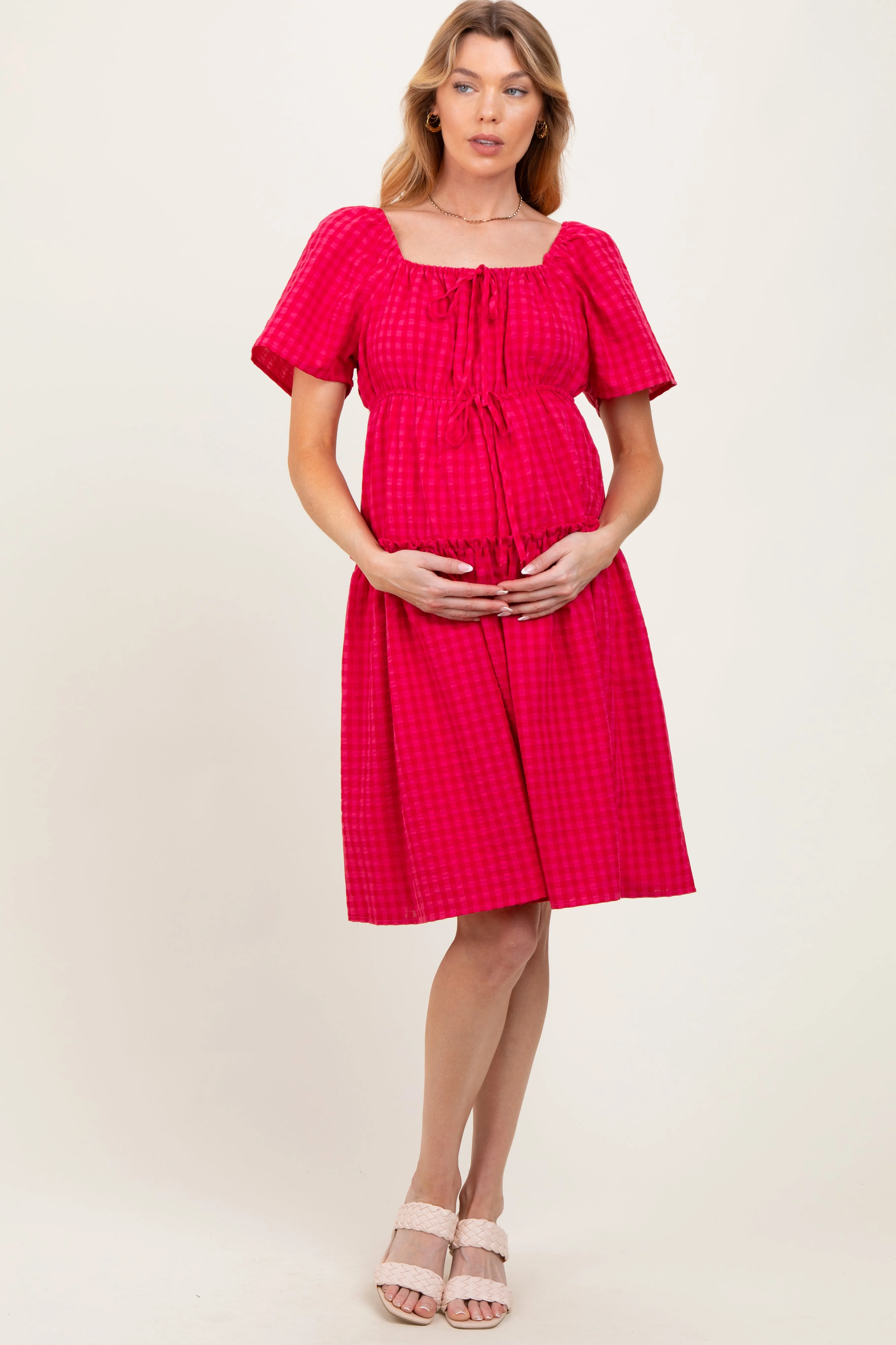 Fuchsia Gingham Short Sleeve Tiered Maternity Dress sold by Pinkblush