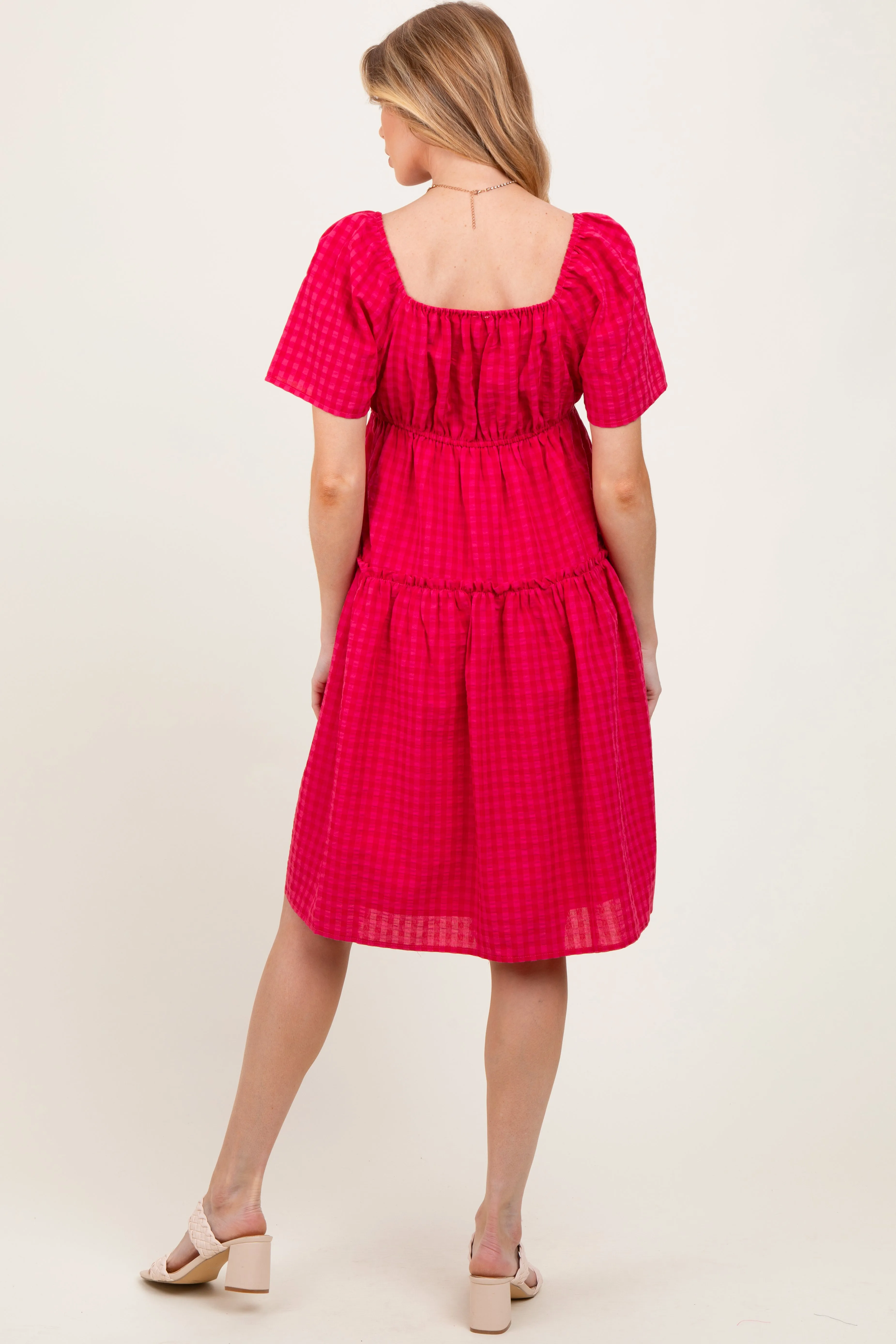 Fuchsia Gingham Short Sleeve Tiered Maternity Dress sold by Pinkblush product image thumbnail 2