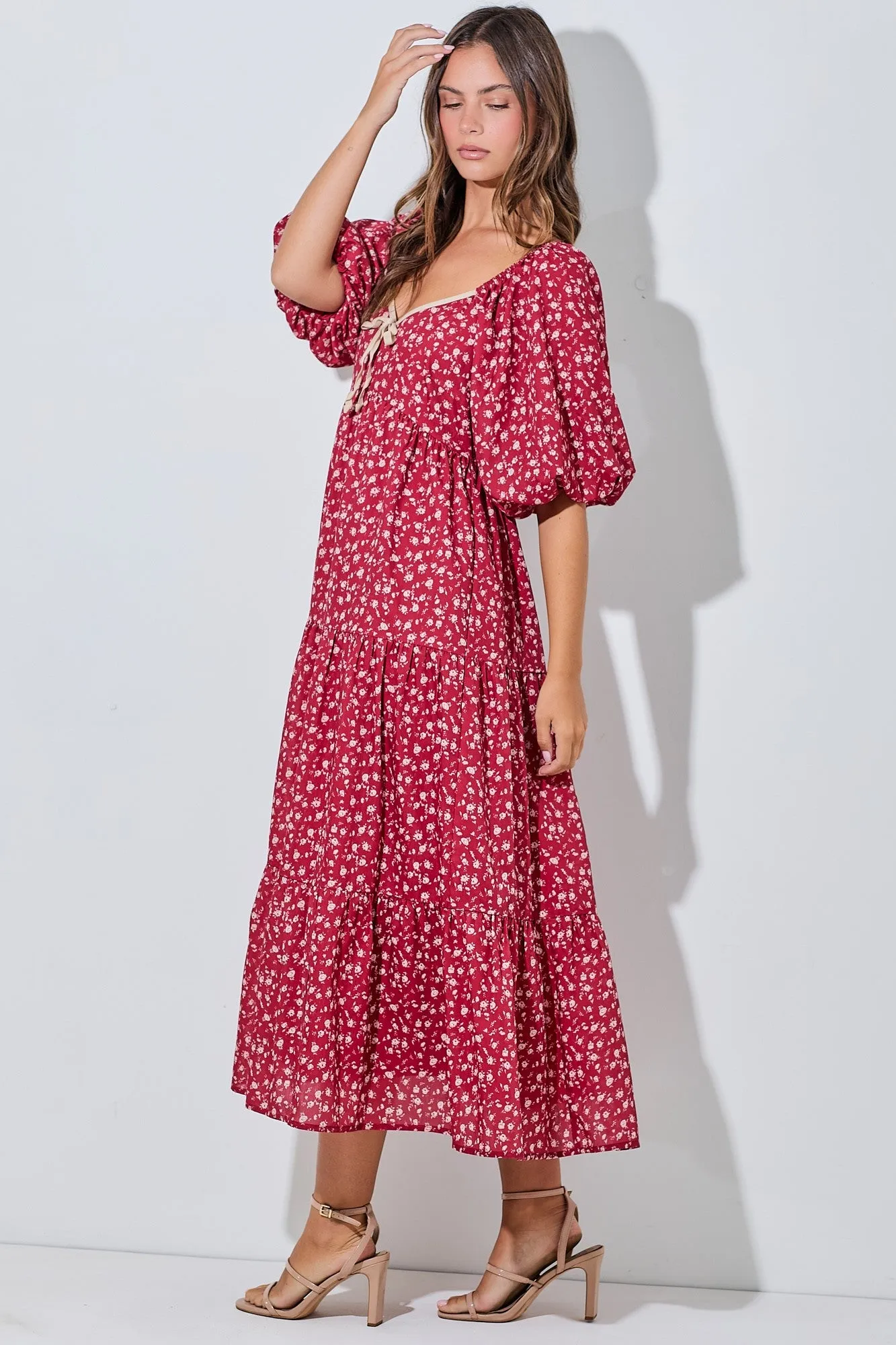 Red Floral Puff Sleeve Tiered Maxi Dress sold by Pinkblush product image thumbnail 2