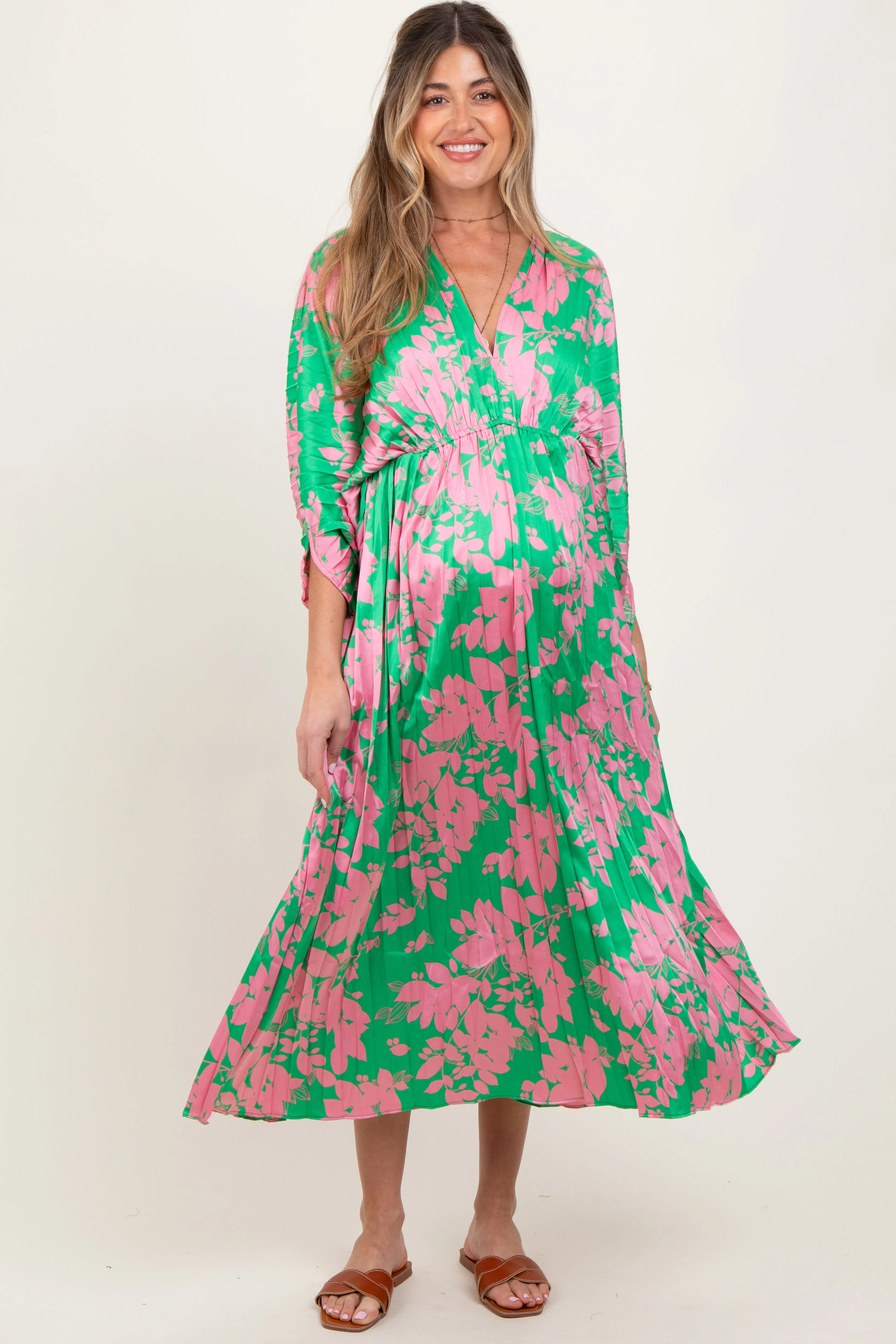 Green Floral Satin Pleated V-Neck Maternity Maxi Dress sold by Pinkblush
