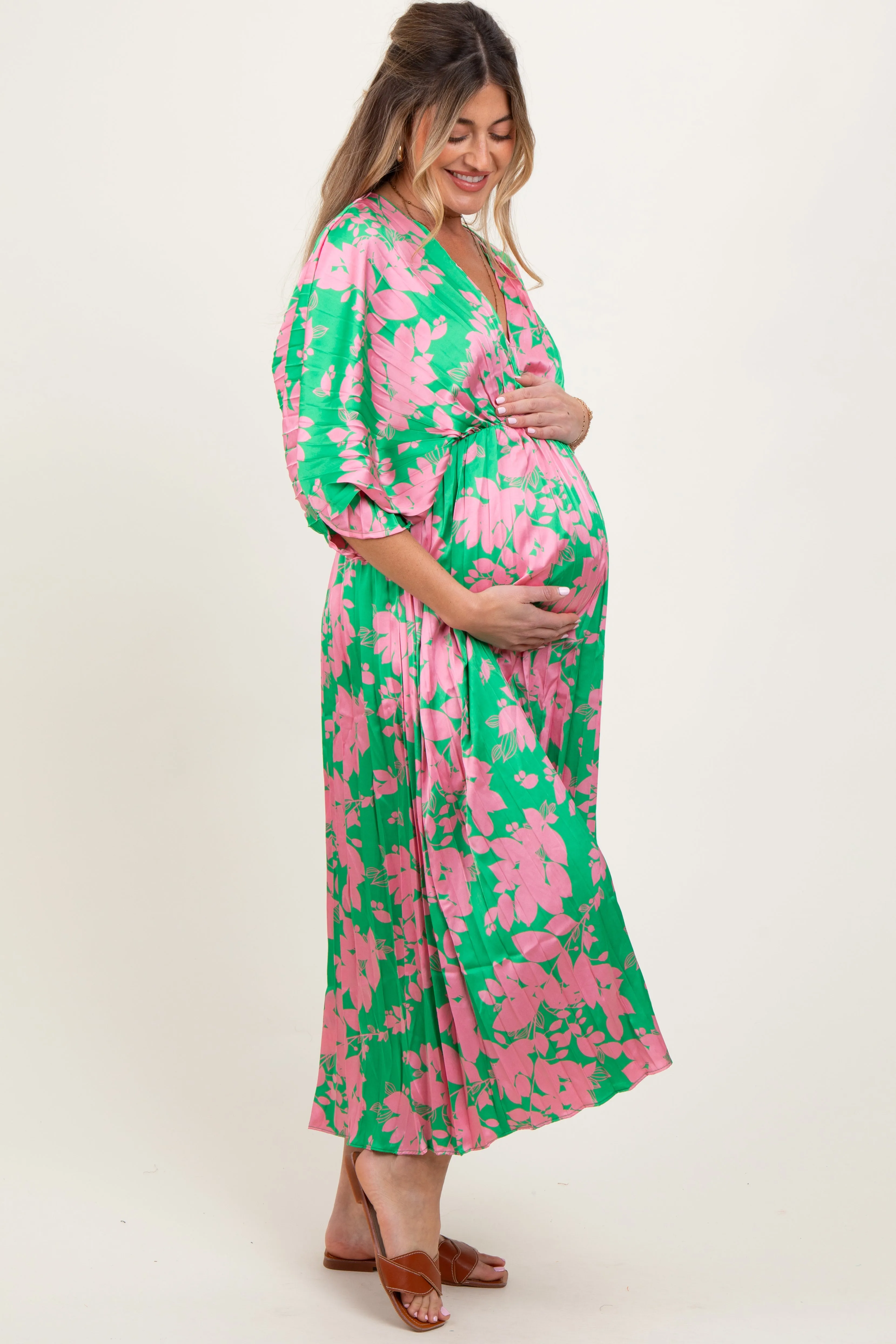 Green Floral Satin Pleated V-Neck Maternity Maxi Dress sold by Pinkblush product image thumbnail 3
