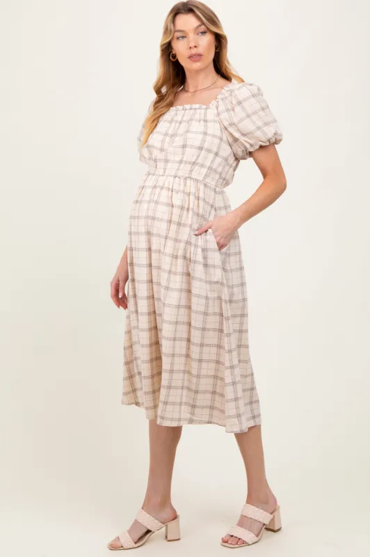Ivory Plaid Square Neck Maternity Midi Dress made by tea n rose