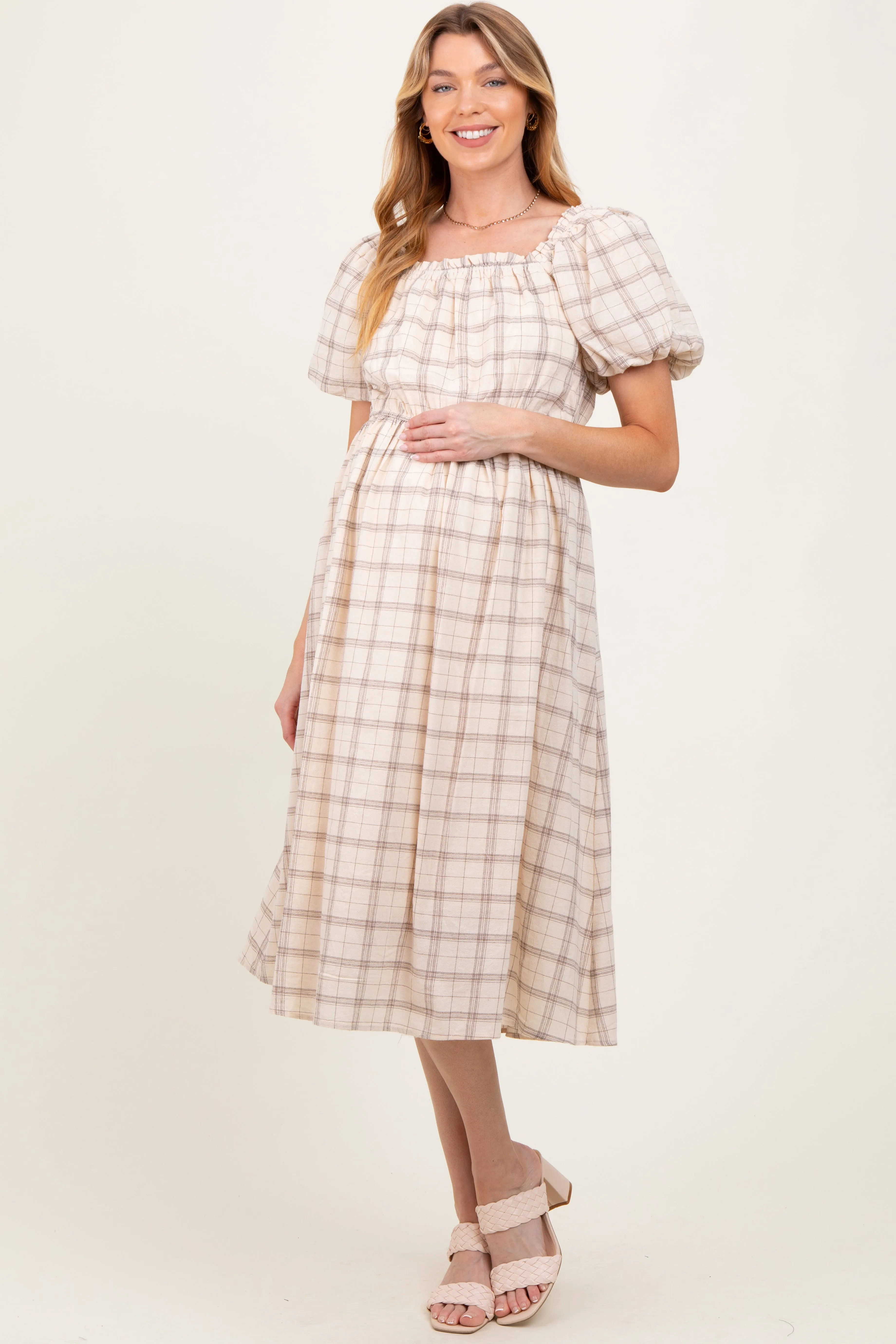 Ivory Plaid Square Neck Maternity Midi Dress sold by Pinkblush product image thumbnail 2