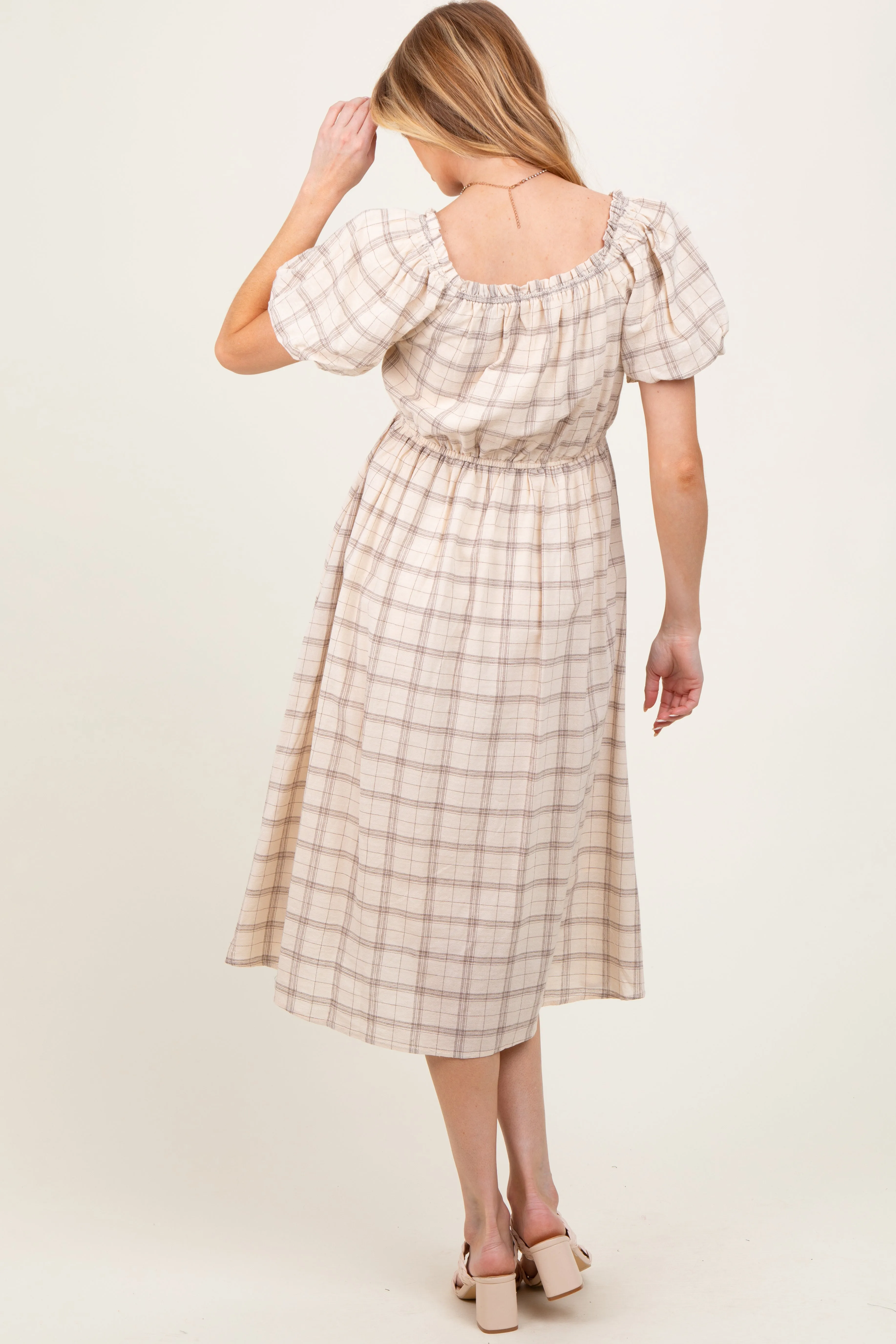 Ivory Plaid Square Neck Maternity Midi Dress sold by Pinkblush product image thumbnail 3