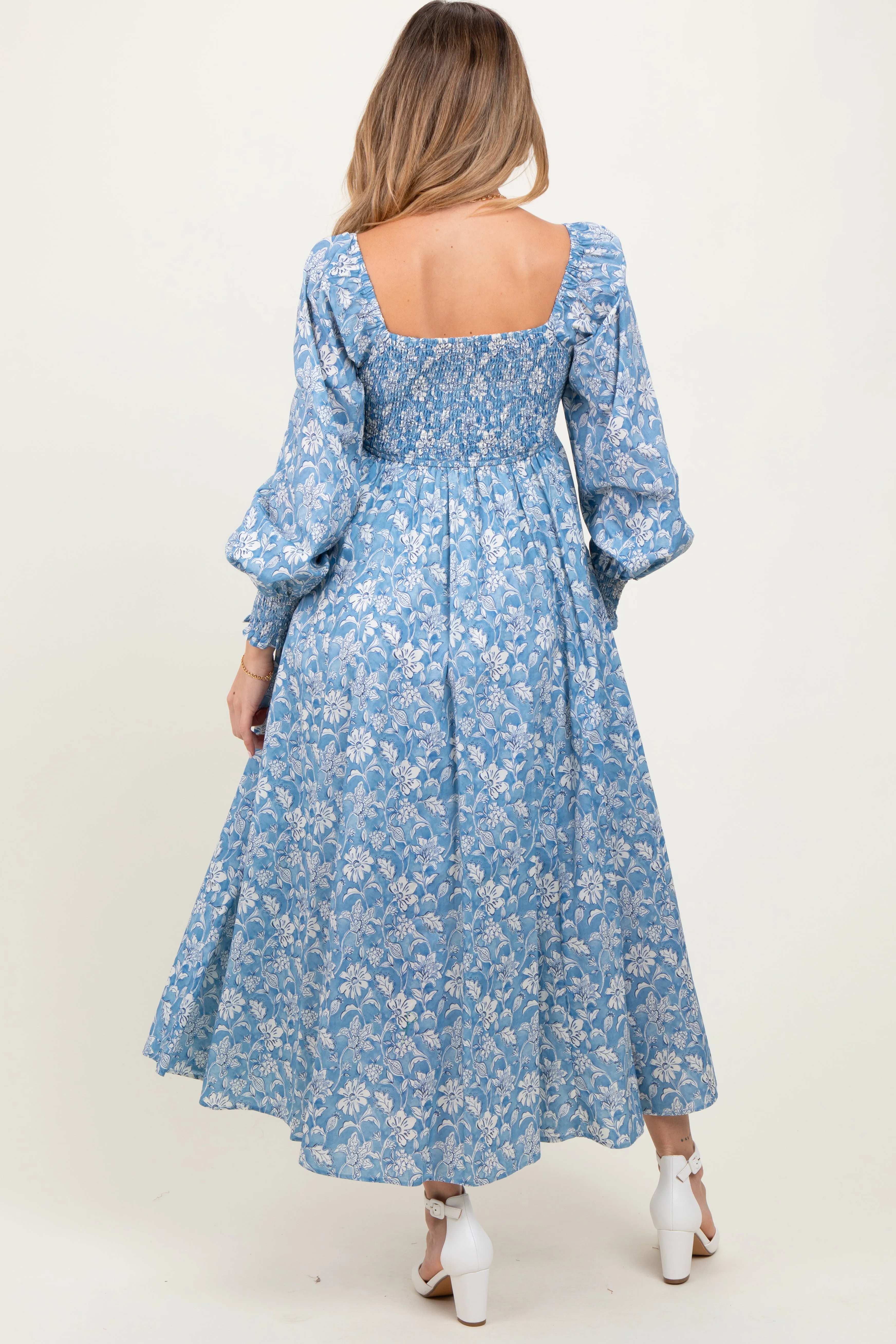 Light Blue Smocked Cotton Floral Maternity Maxi Dress sold by Pinkblush product image thumbnail 2
