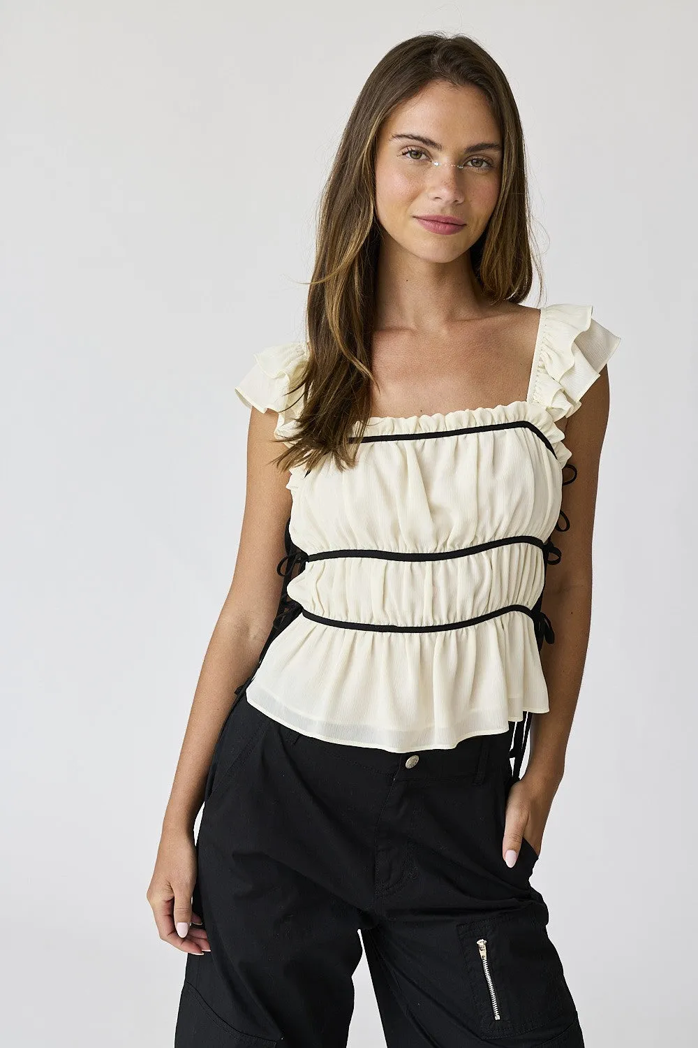Cream Ruffled Side Tie Top sold by Pinkblush