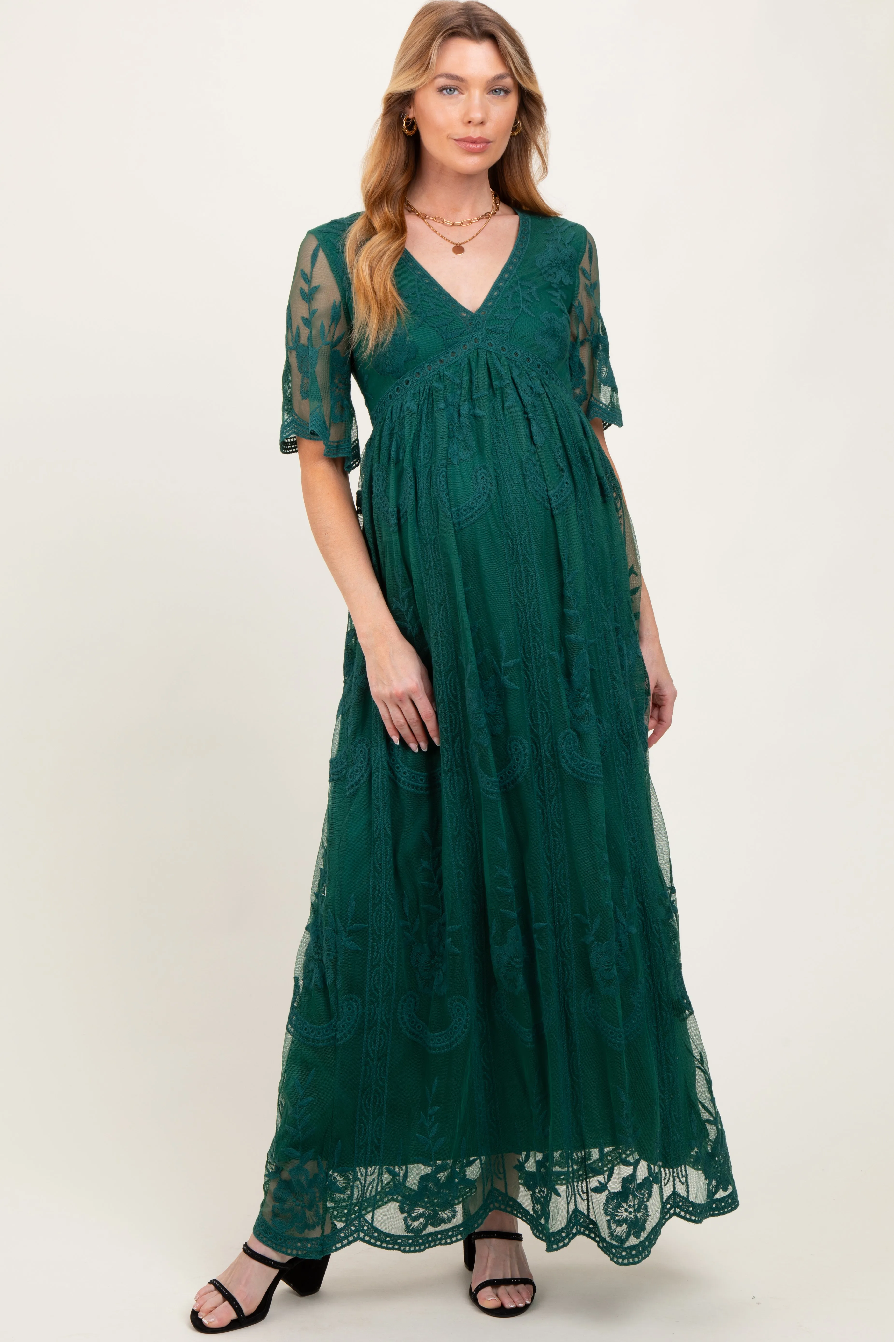 Green Lace Mesh Overlay Maternity Maxi Dress sold by Pinkblush