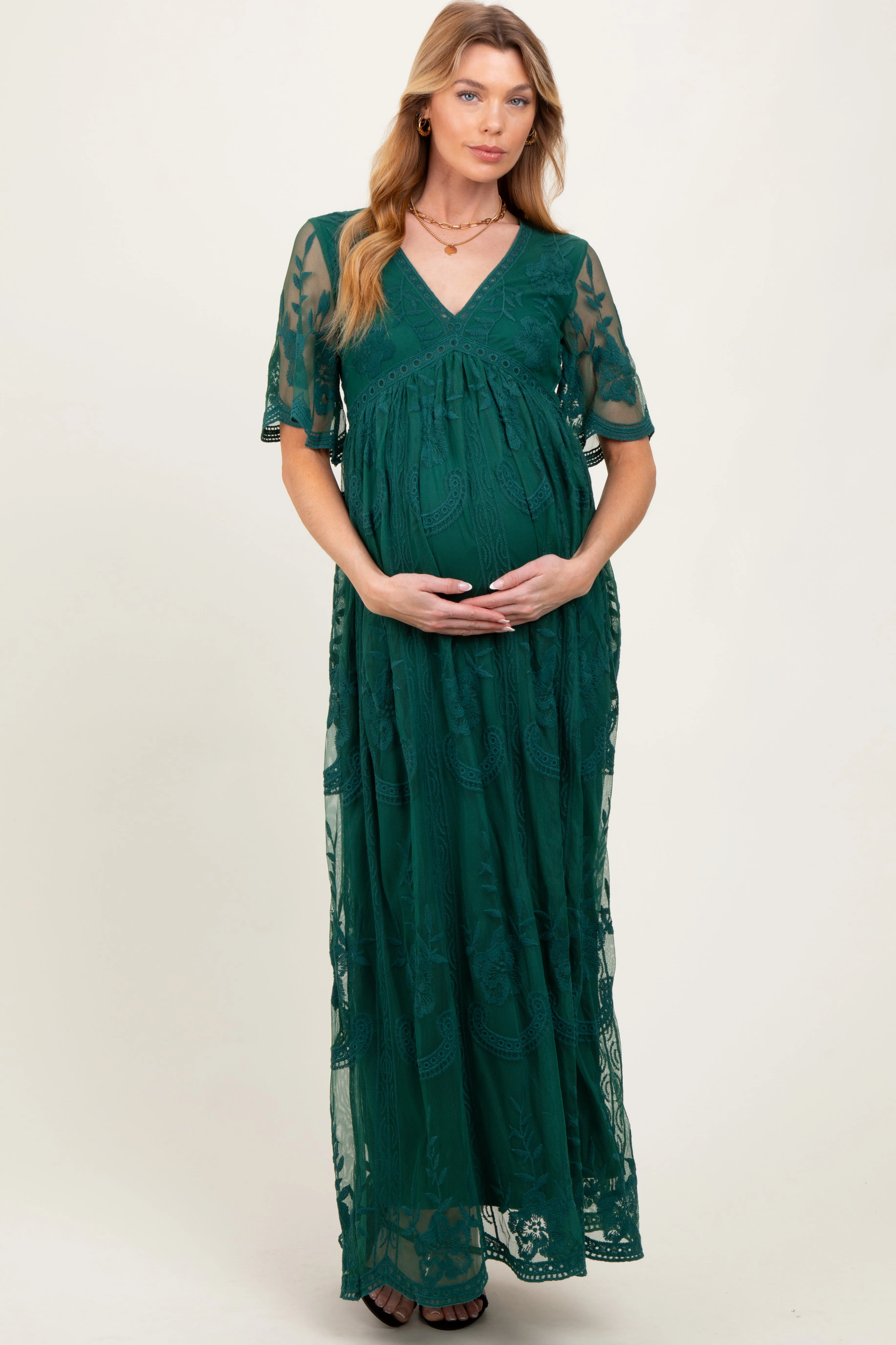 Green Lace Mesh Overlay Maternity Maxi Dress sold by Pinkblush product image thumbnail 2