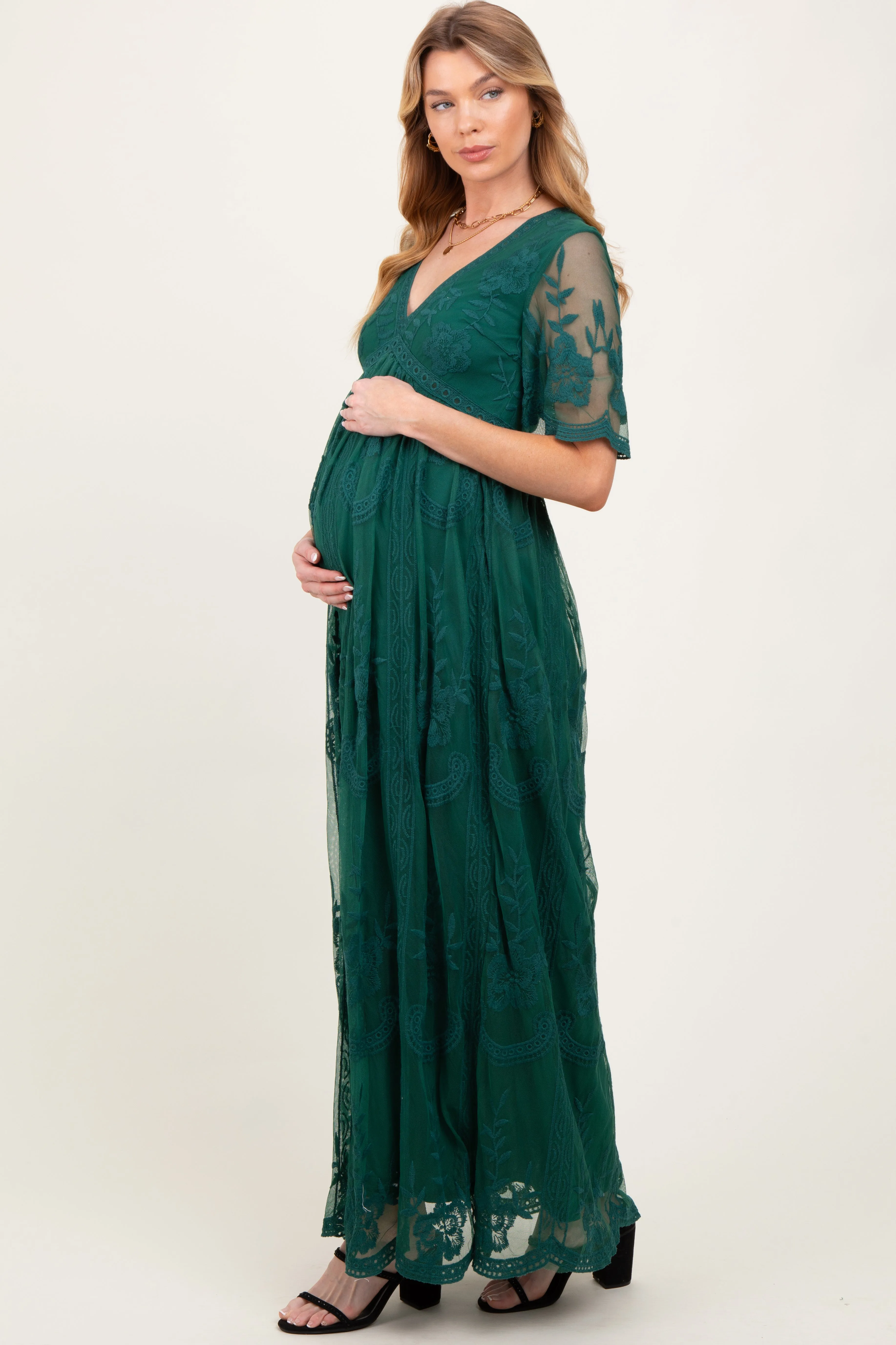 Green Lace Mesh Overlay Maternity Maxi Dress sold by Pinkblush product image thumbnail 3