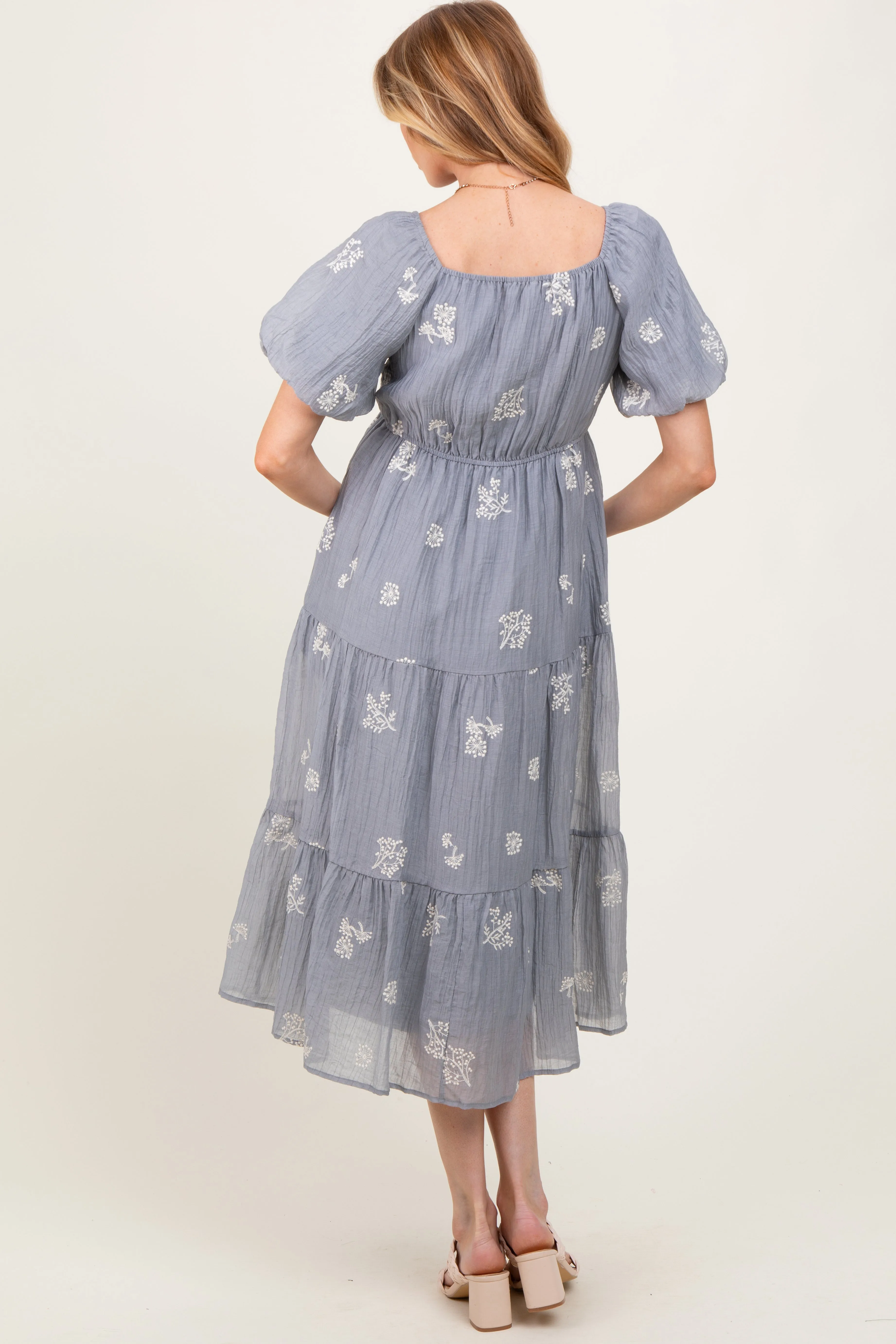 Light Blue Floral Embroidered Tiered Maternity Midi Dress sold by Pinkblush product image thumbnail 3