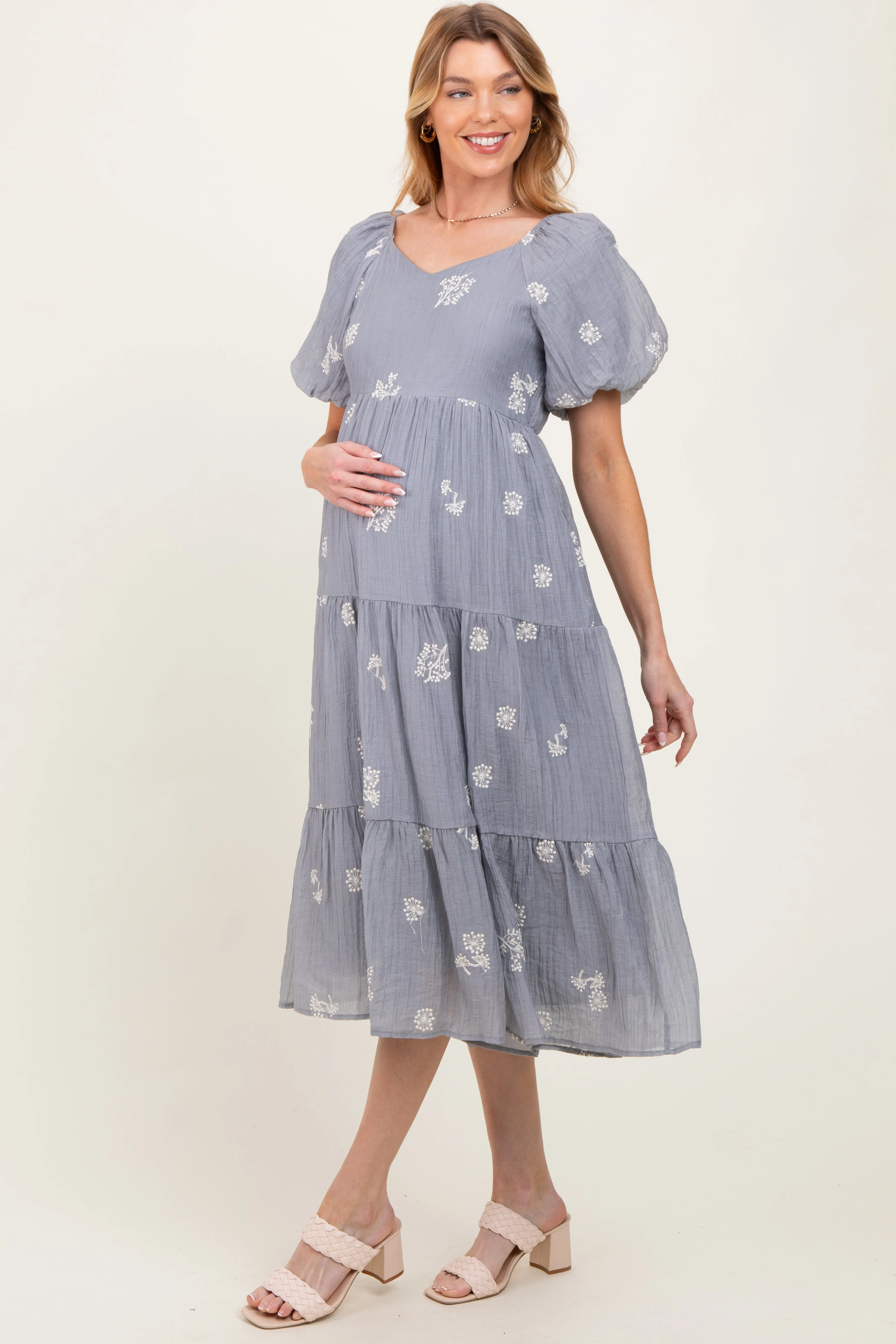 Light Blue Floral Embroidered Tiered Maternity Midi Dress sold by Pinkblush