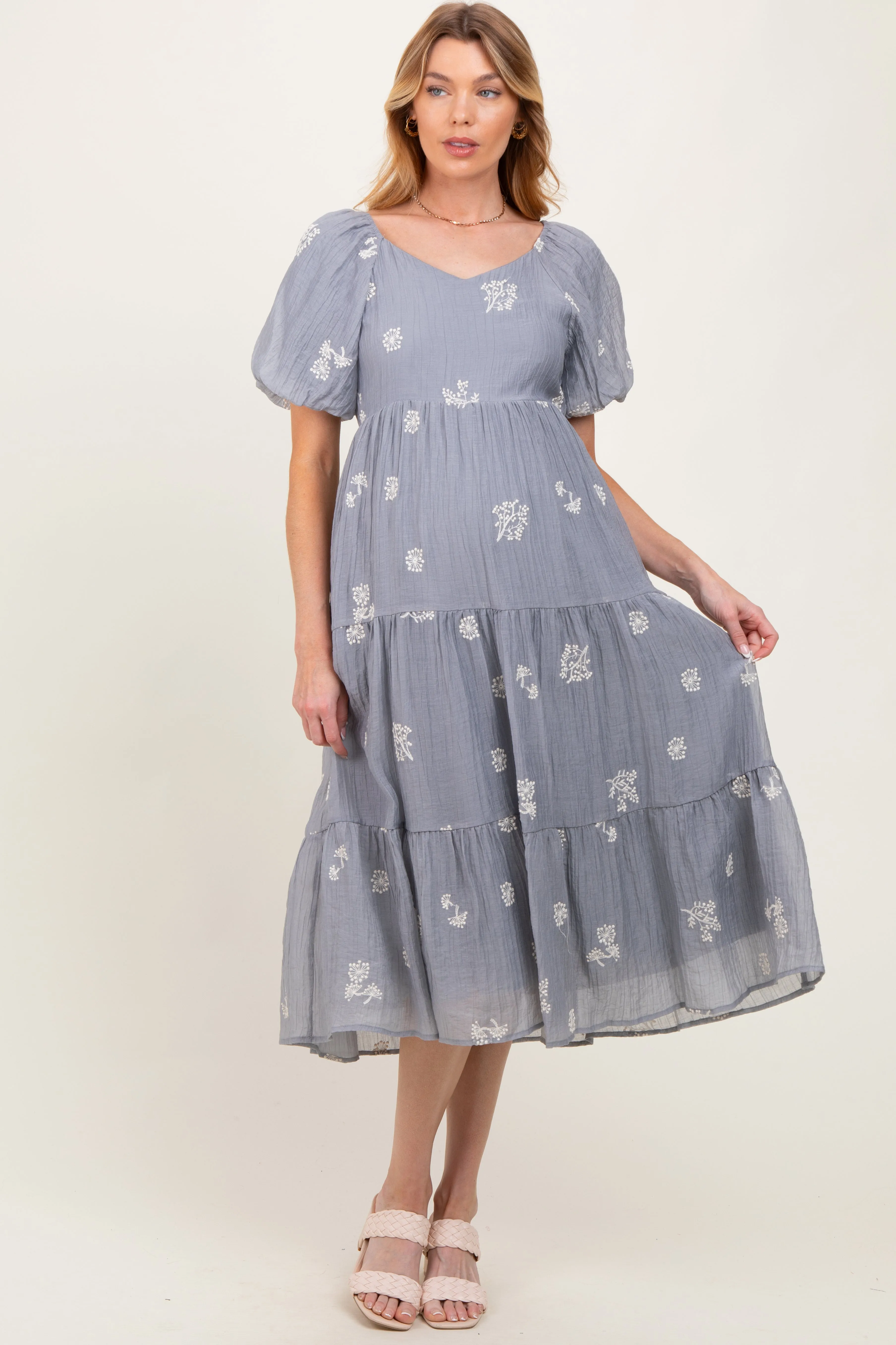 Light Blue Floral Embroidered Tiered Maternity Midi Dress sold by Pinkblush product image thumbnail 2