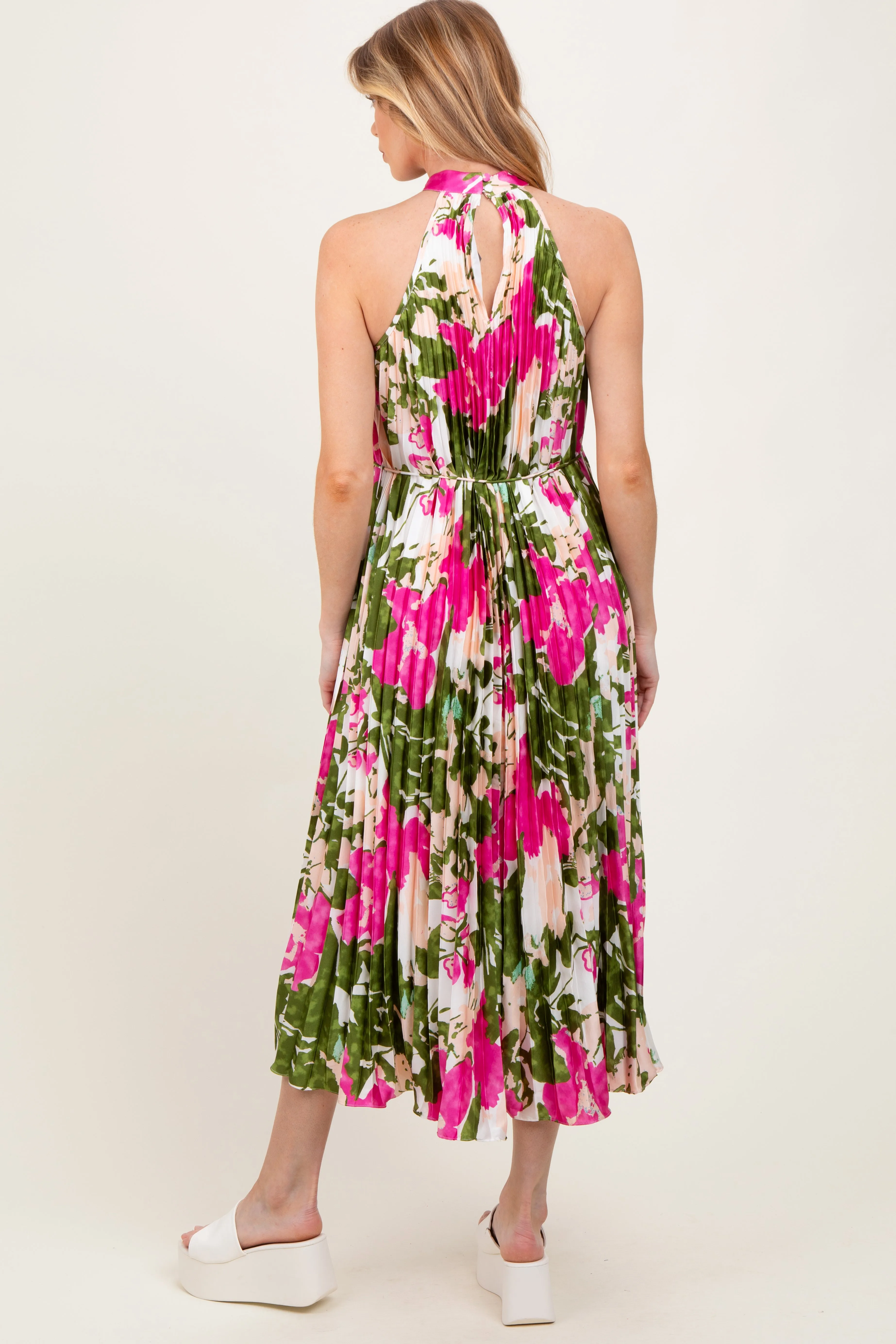 Fuchsia Floral Satin Pleated Halter Neck Maternity Midi Dress sold by Pinkblush product image thumbnail 4