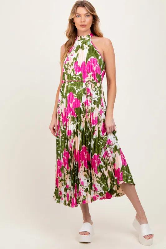 Fuchsia Floral Satin Pleated Halter Neck Maternity Midi Dress sold by Pinkblush