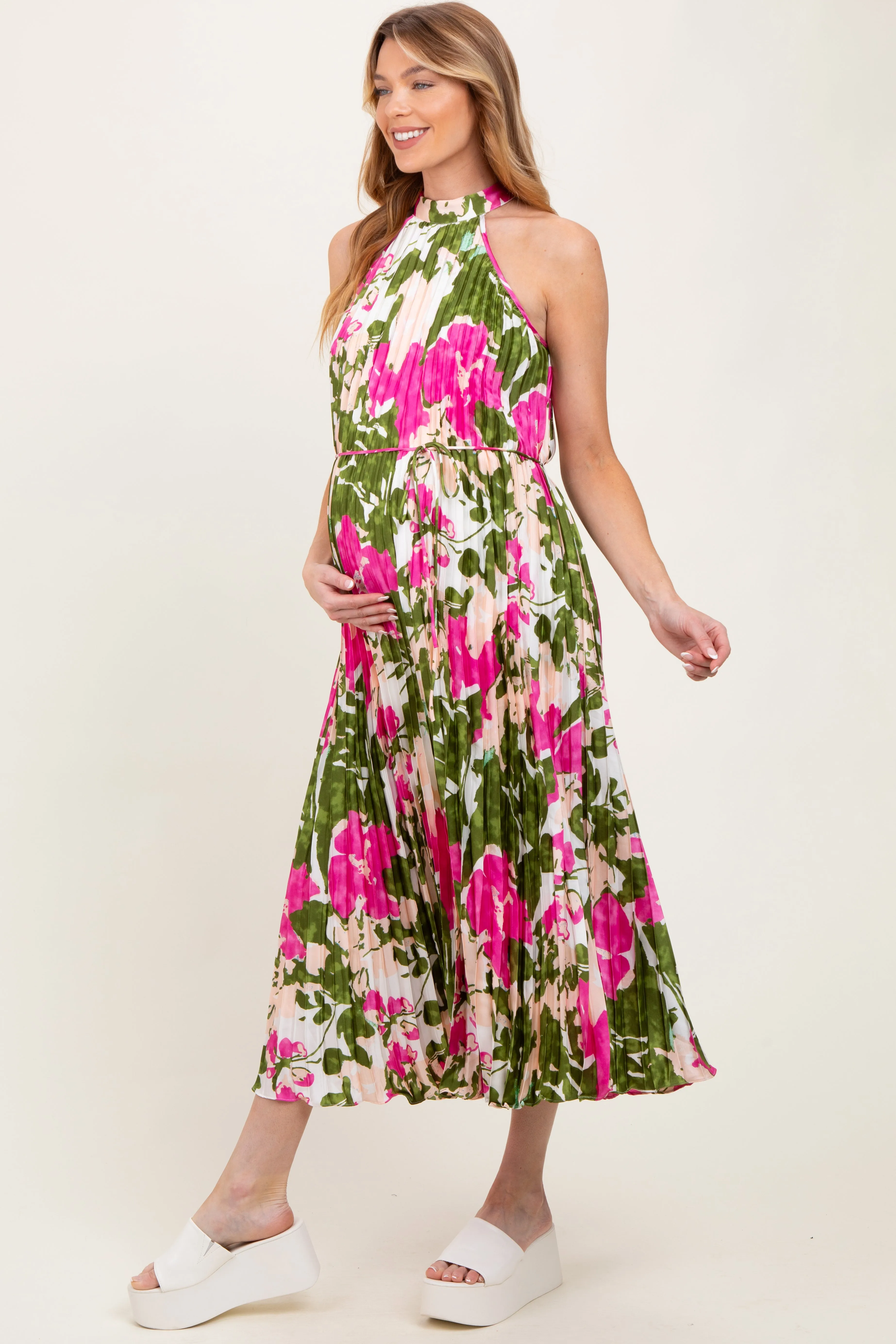 Fuchsia Floral Satin Pleated Halter Neck Maternity Midi Dress sold by Pinkblush product image thumbnail 2