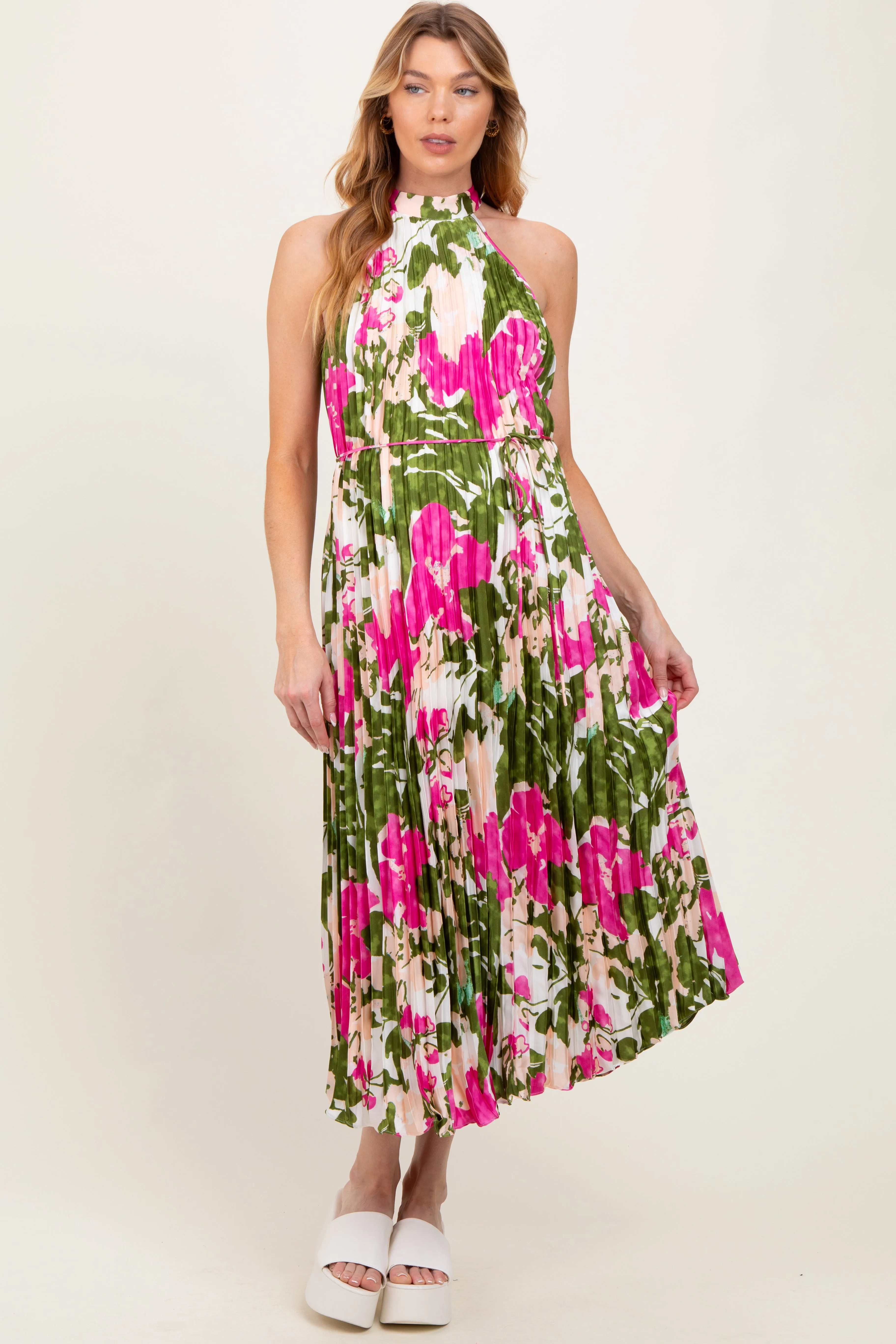 Fuchsia Floral Satin Pleated Halter Neck Maternity Midi Dress sold by Pinkblush product image thumbnail 3