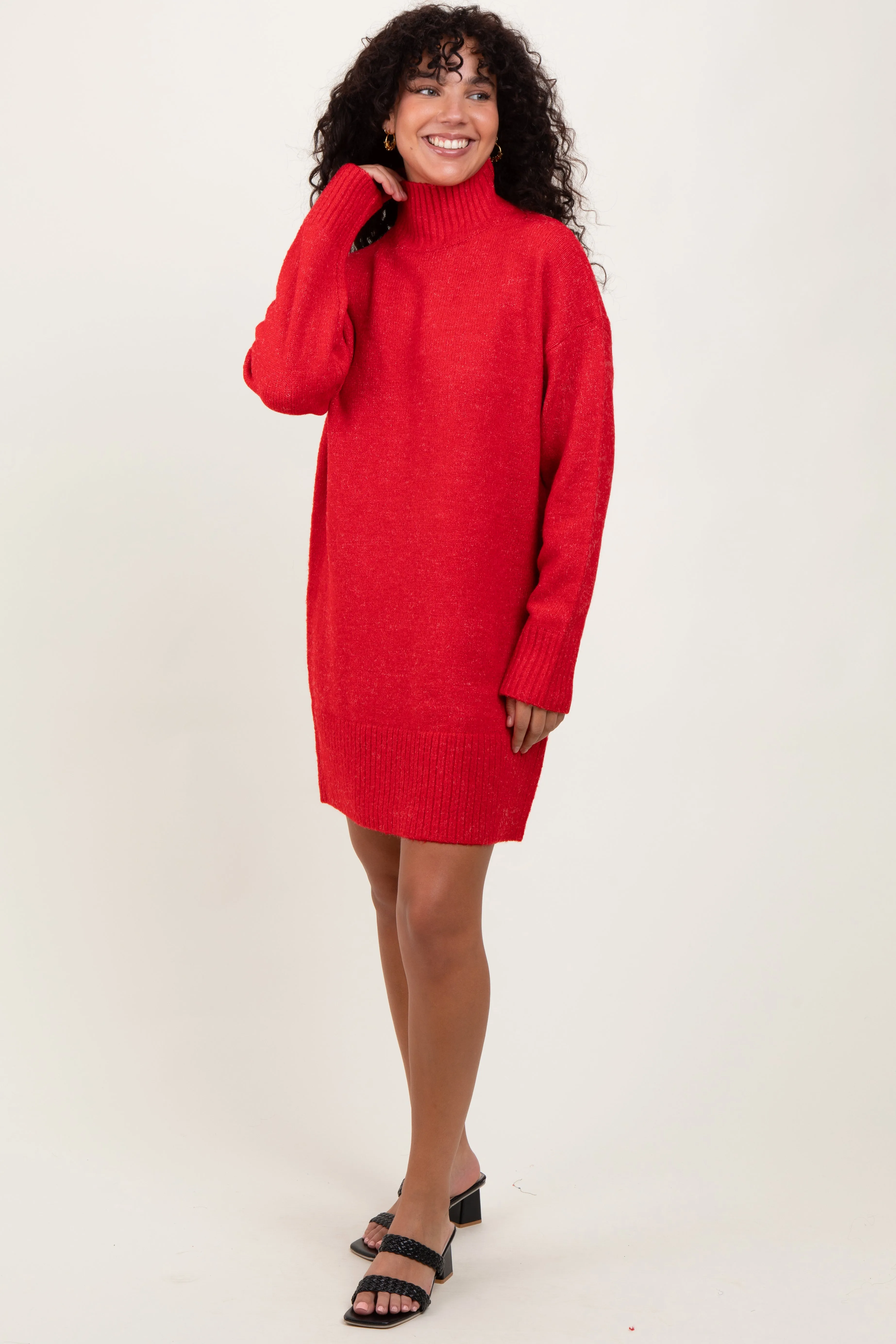 Red Chunky Knit Turtleneck Mini Sweater Dress sold by Pinkblush