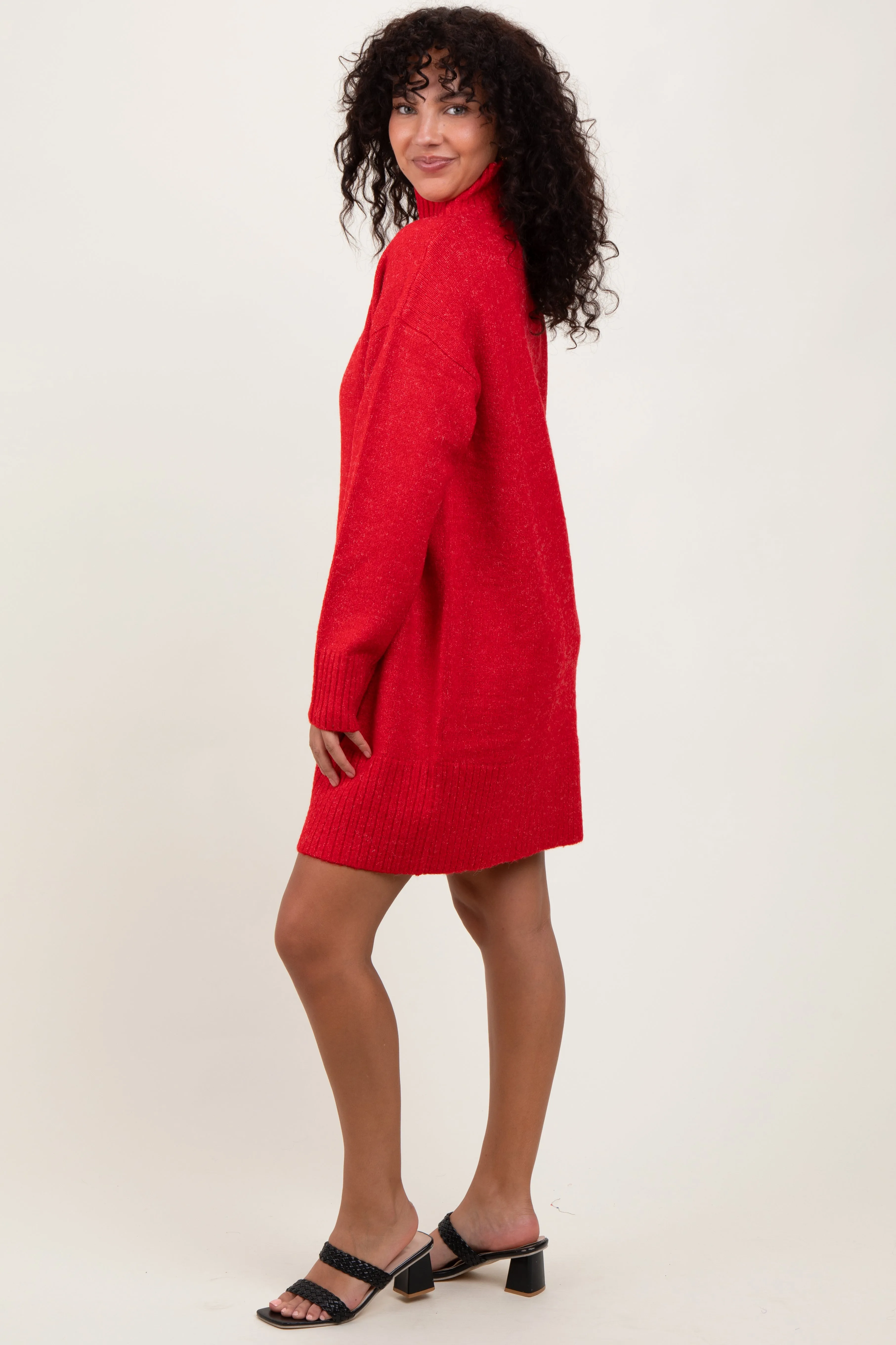 Red Chunky Knit Turtleneck Mini Sweater Dress sold by Pinkblush product image thumbnail 3