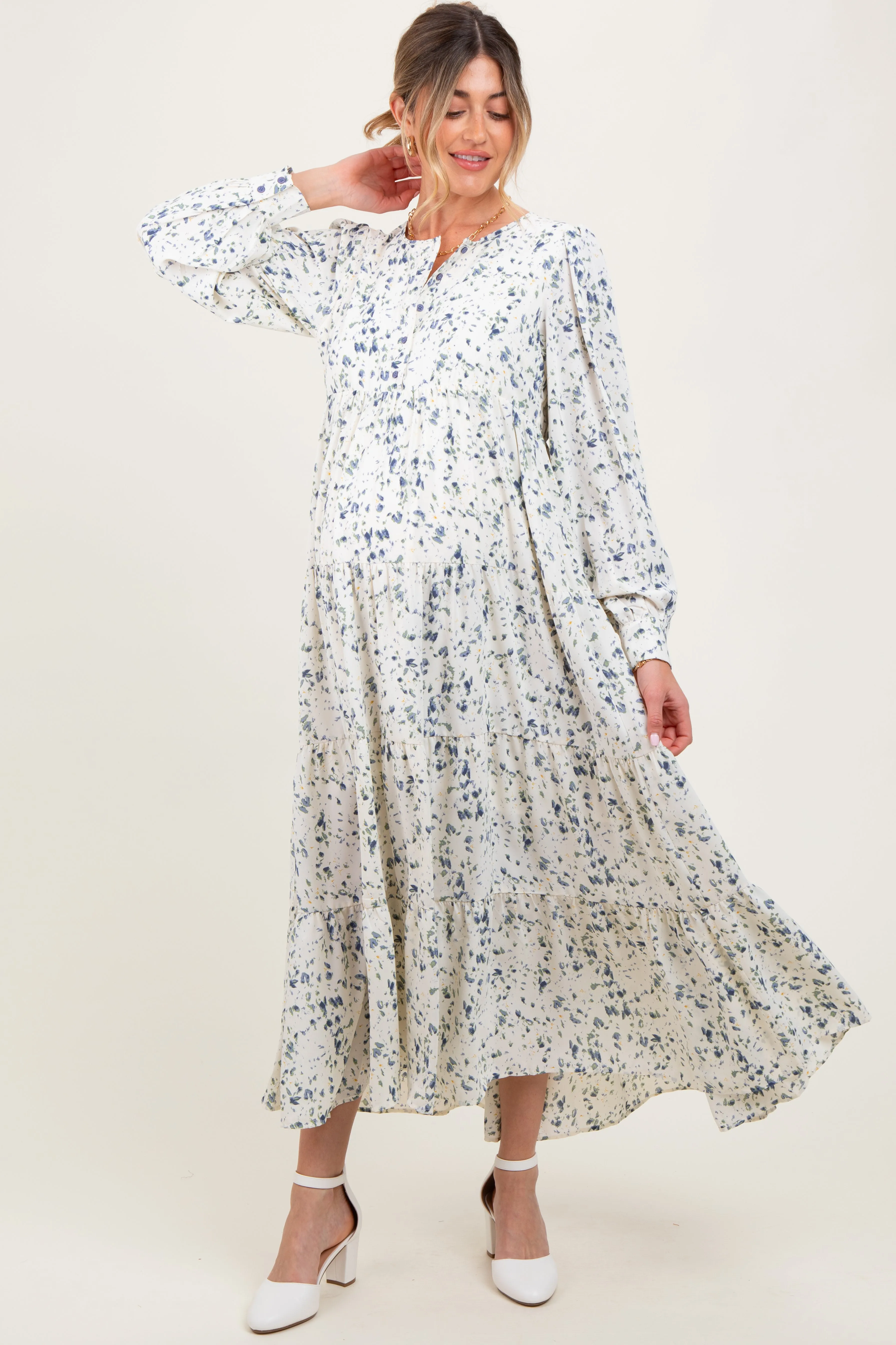 Blue Printed Tiered Maternity Maxi Dress sold by Pinkblush