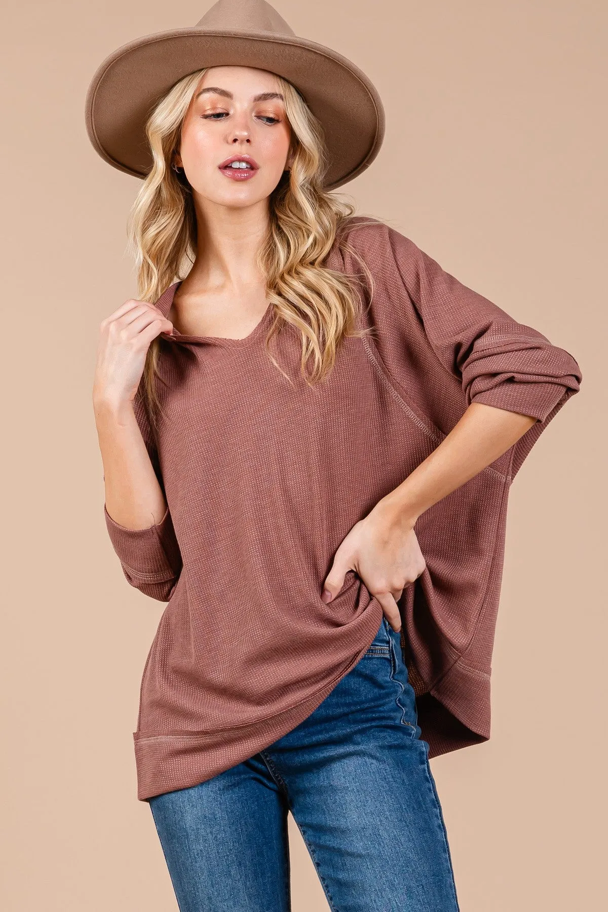 Mocha Oversized V-Neck Waffle Knit Long Sleeve Top sold by Pinkblush