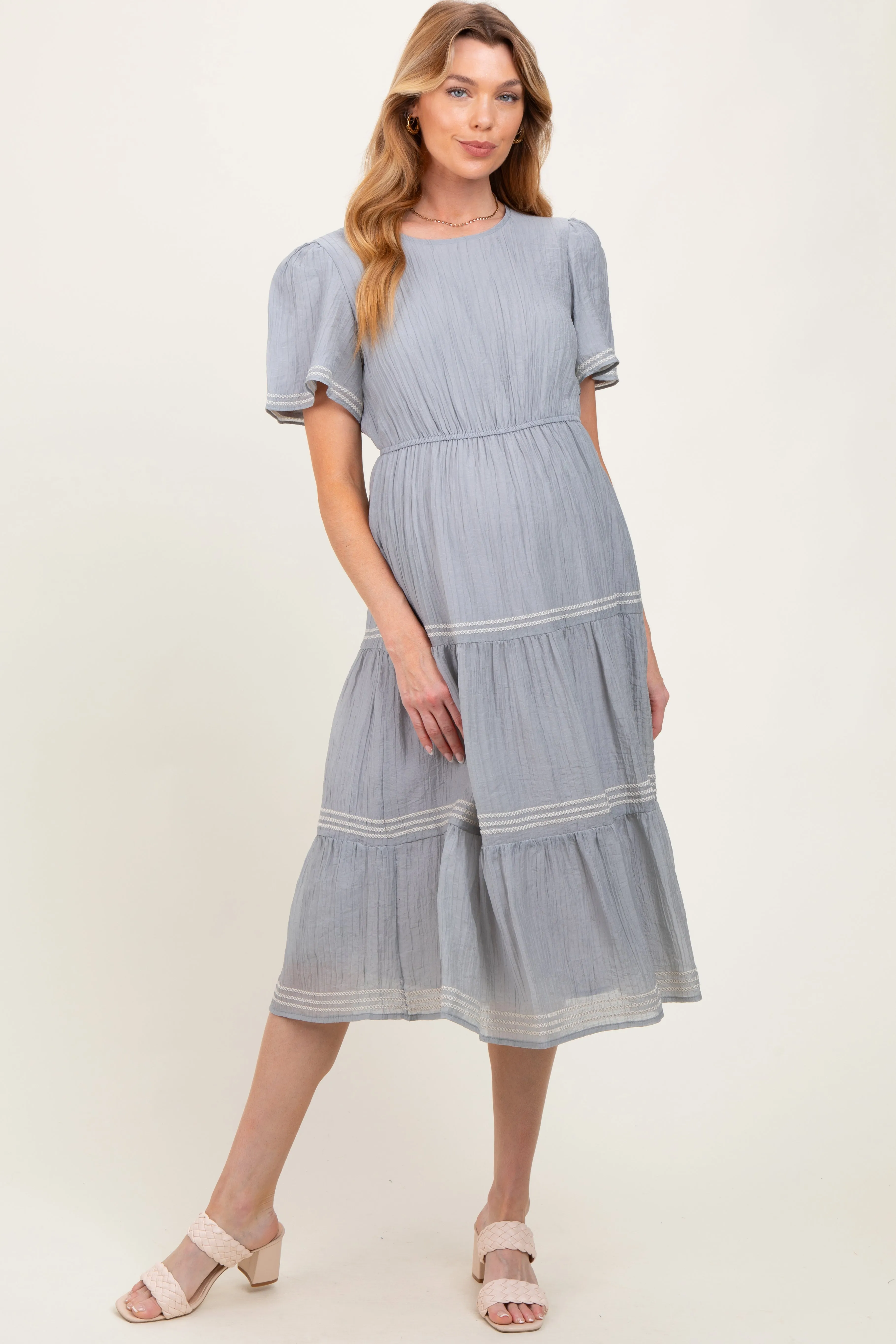 Light Blue Embroidered Tiered Maternity Midi Dress sold by Pinkblush product image thumbnail 2