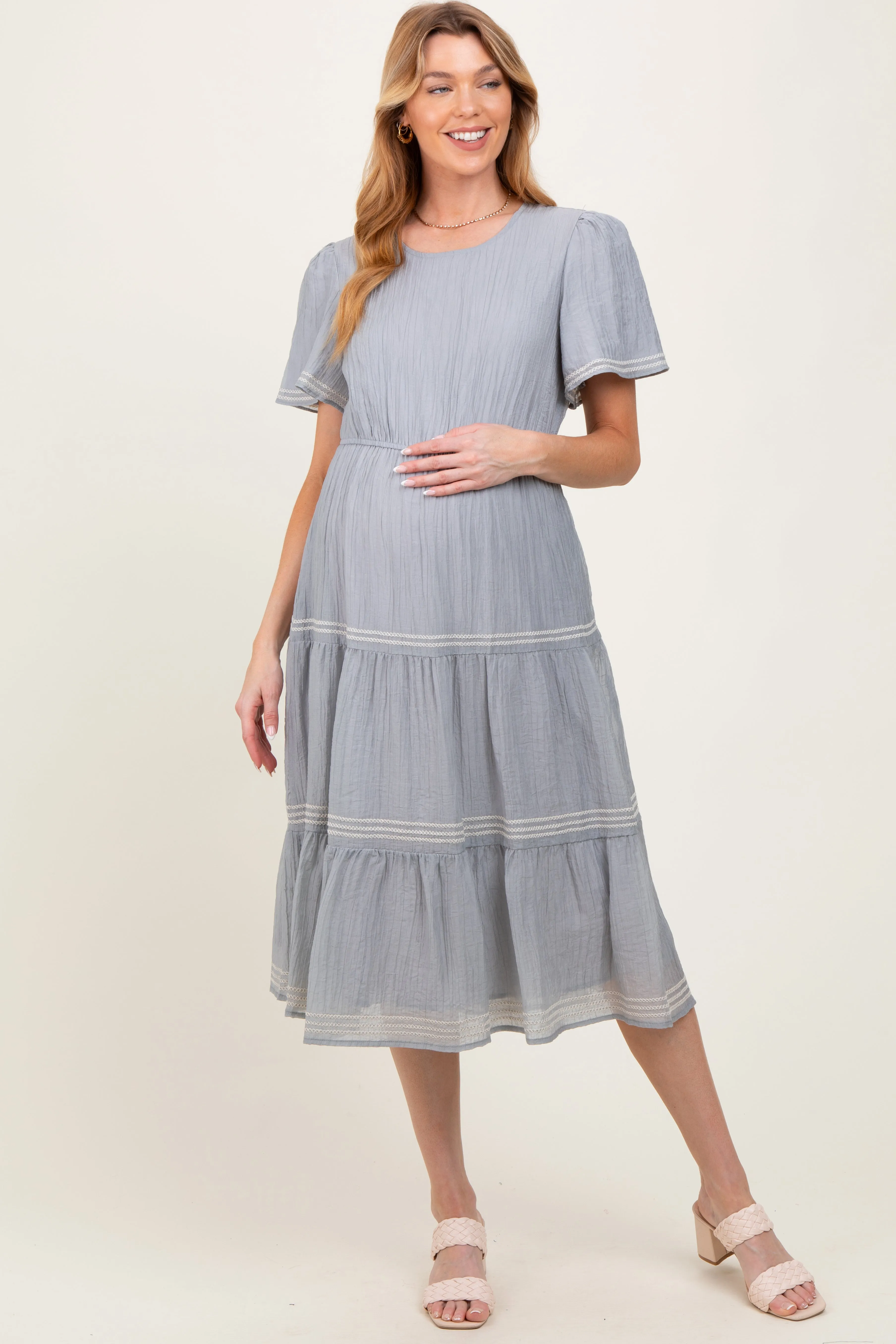 Light Blue Embroidered Tiered Maternity Midi Dress sold by Pinkblush product image thumbnail 3
