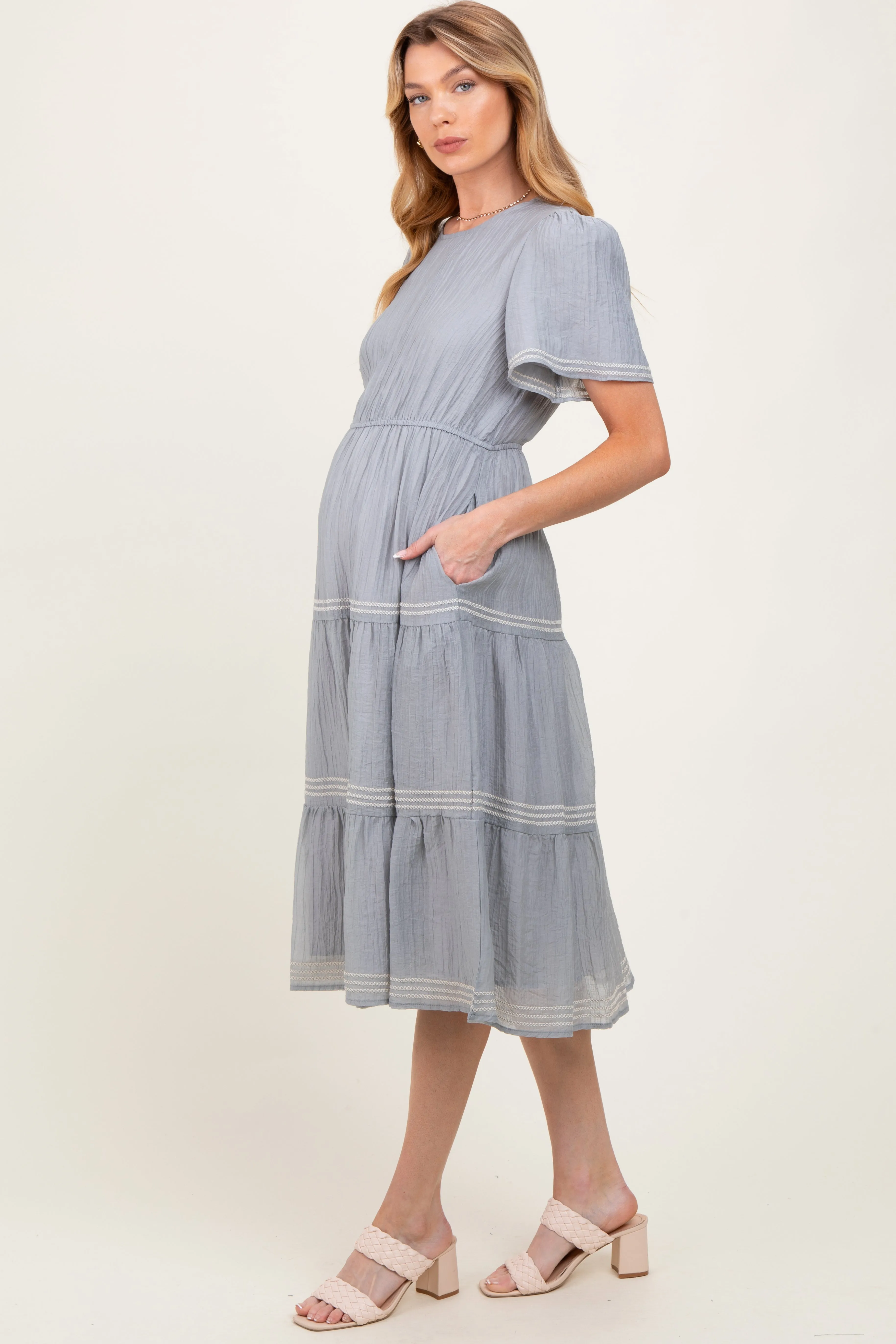 Light Blue Embroidered Tiered Maternity Midi Dress sold by Pinkblush