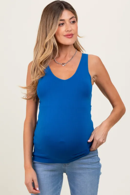 Blue Sleeveless Fitted Maternity Tank Top sold by Pinkblush