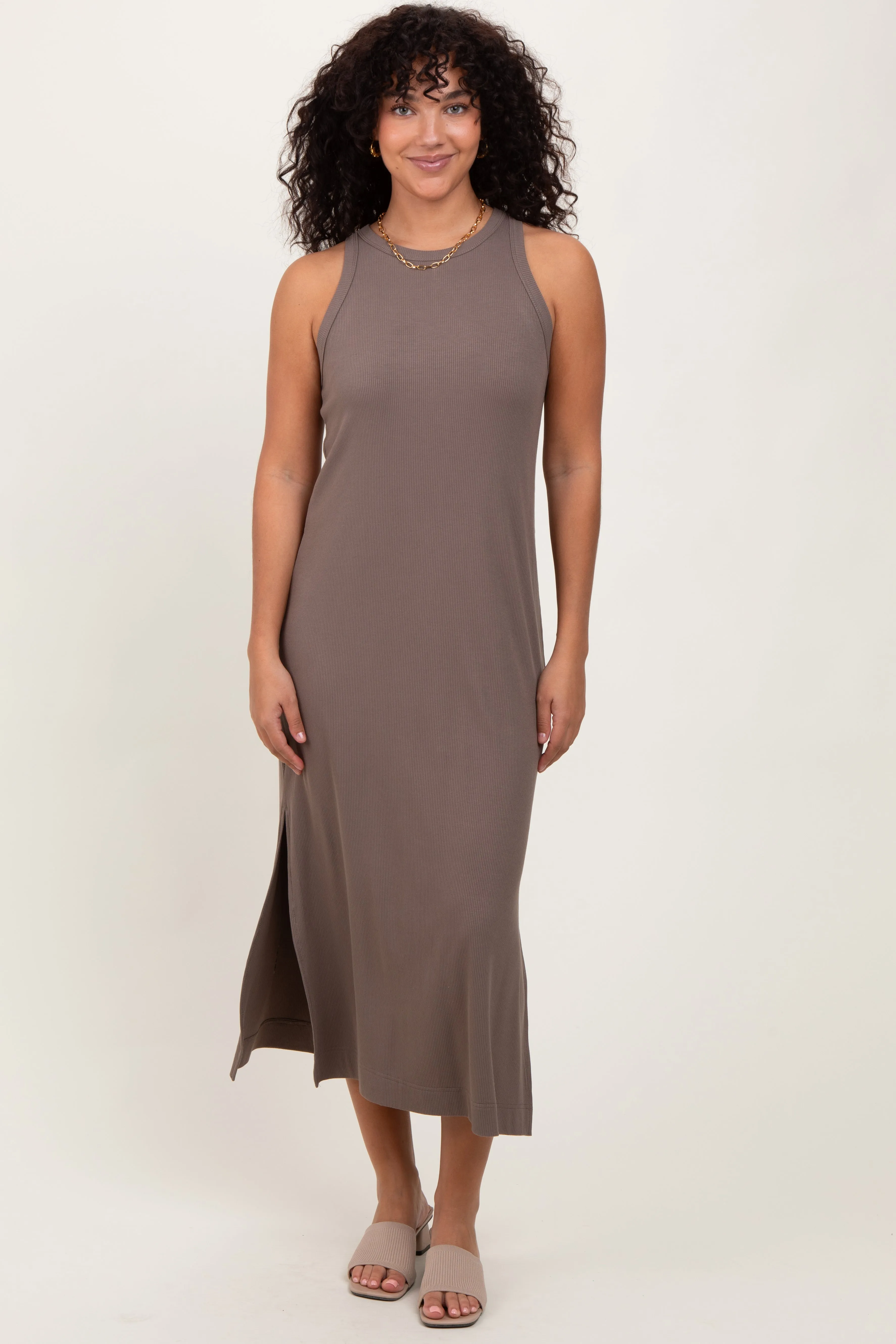 Mocha Sleeveless Side Slit Maternity Midi Dress sold by Pinkblush product image thumbnail 5
