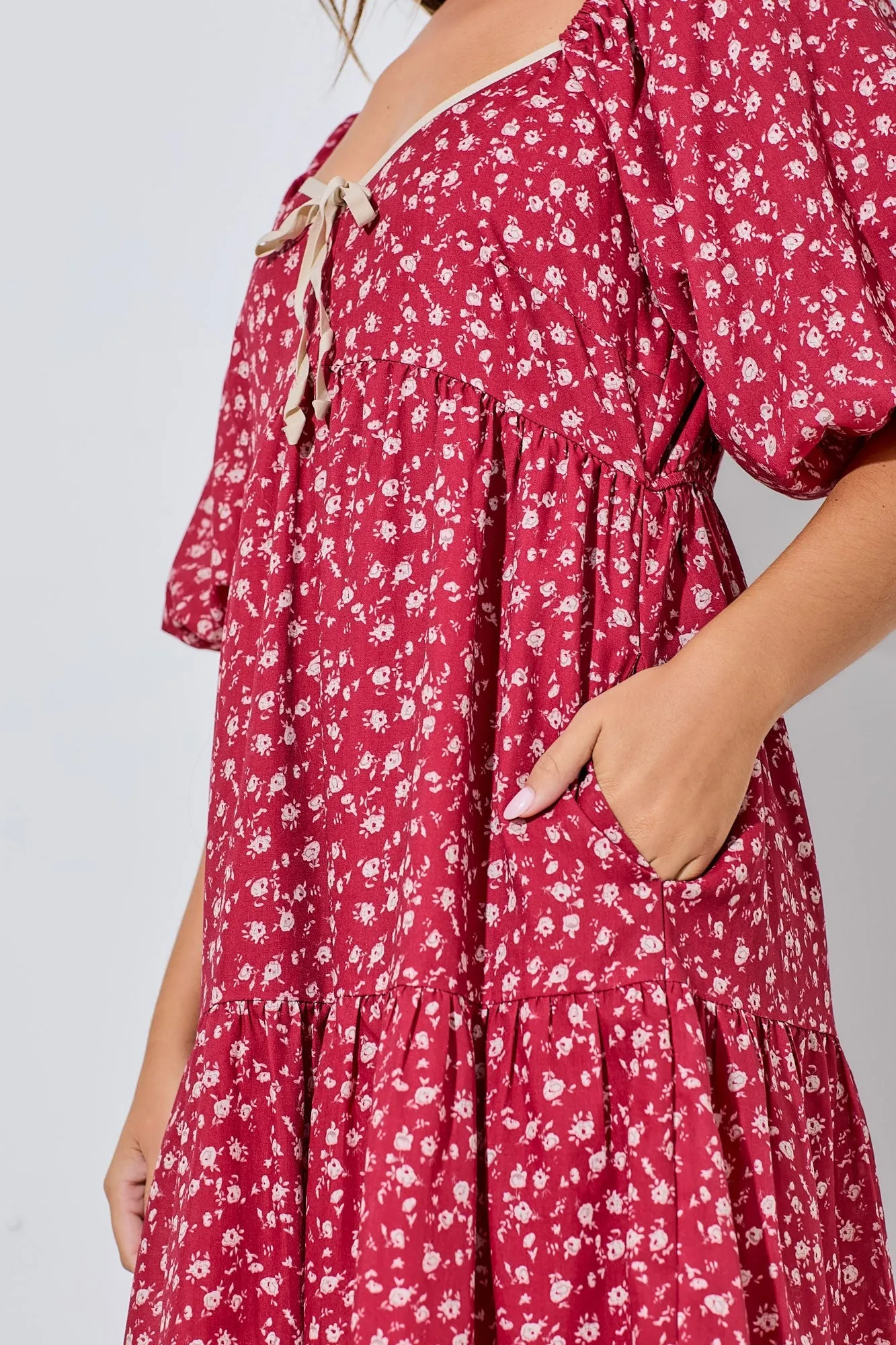 Red Floral Puff Sleeve Tiered Maxi Dress sold by Pinkblush product image thumbnail 4