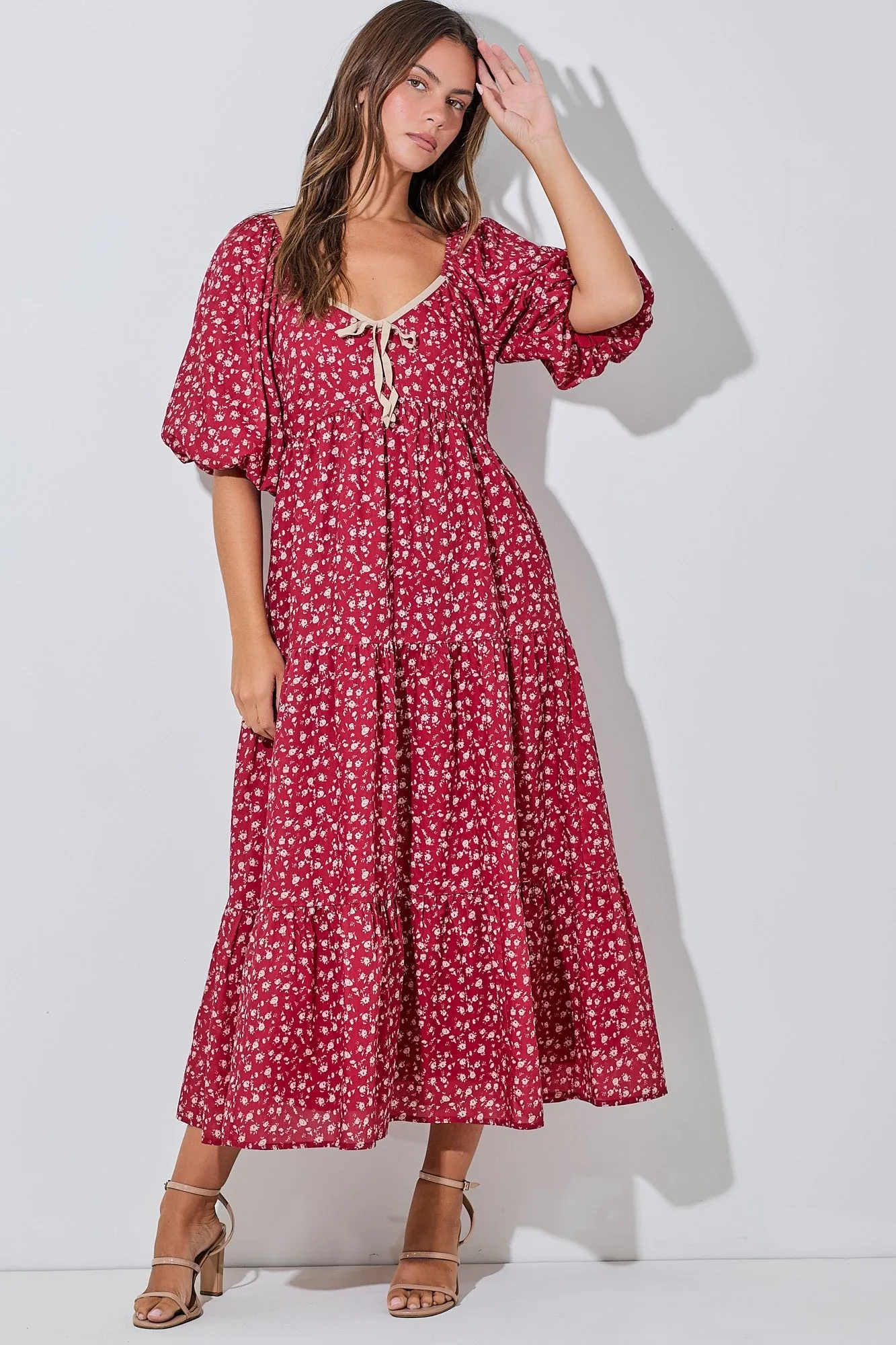 Red Floral Puff Sleeve Tiered Maxi Dress sold by Pinkblush