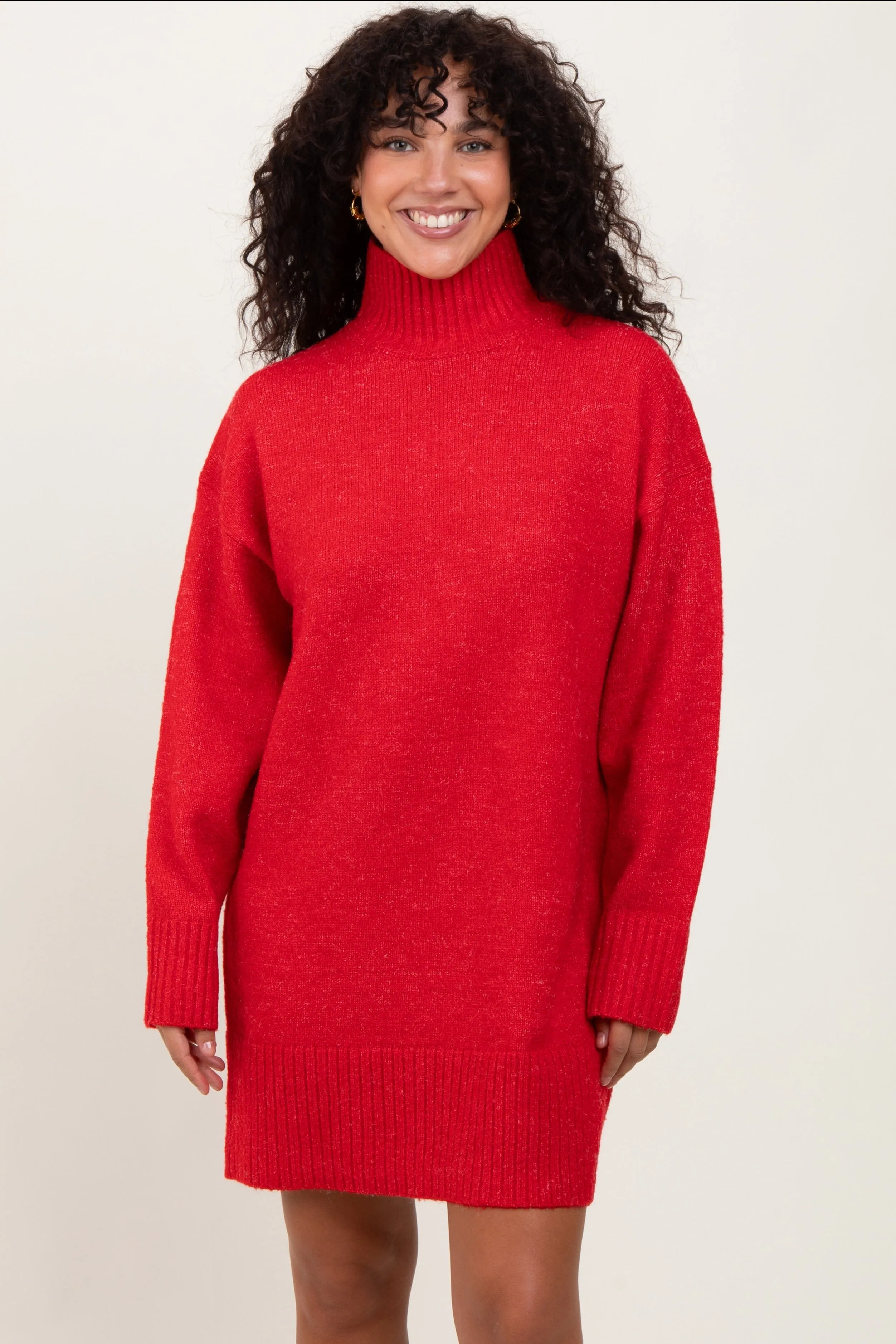 Red Chunky Knit Turtleneck Mini Sweater Dress sold by Pinkblush product image thumbnail 2