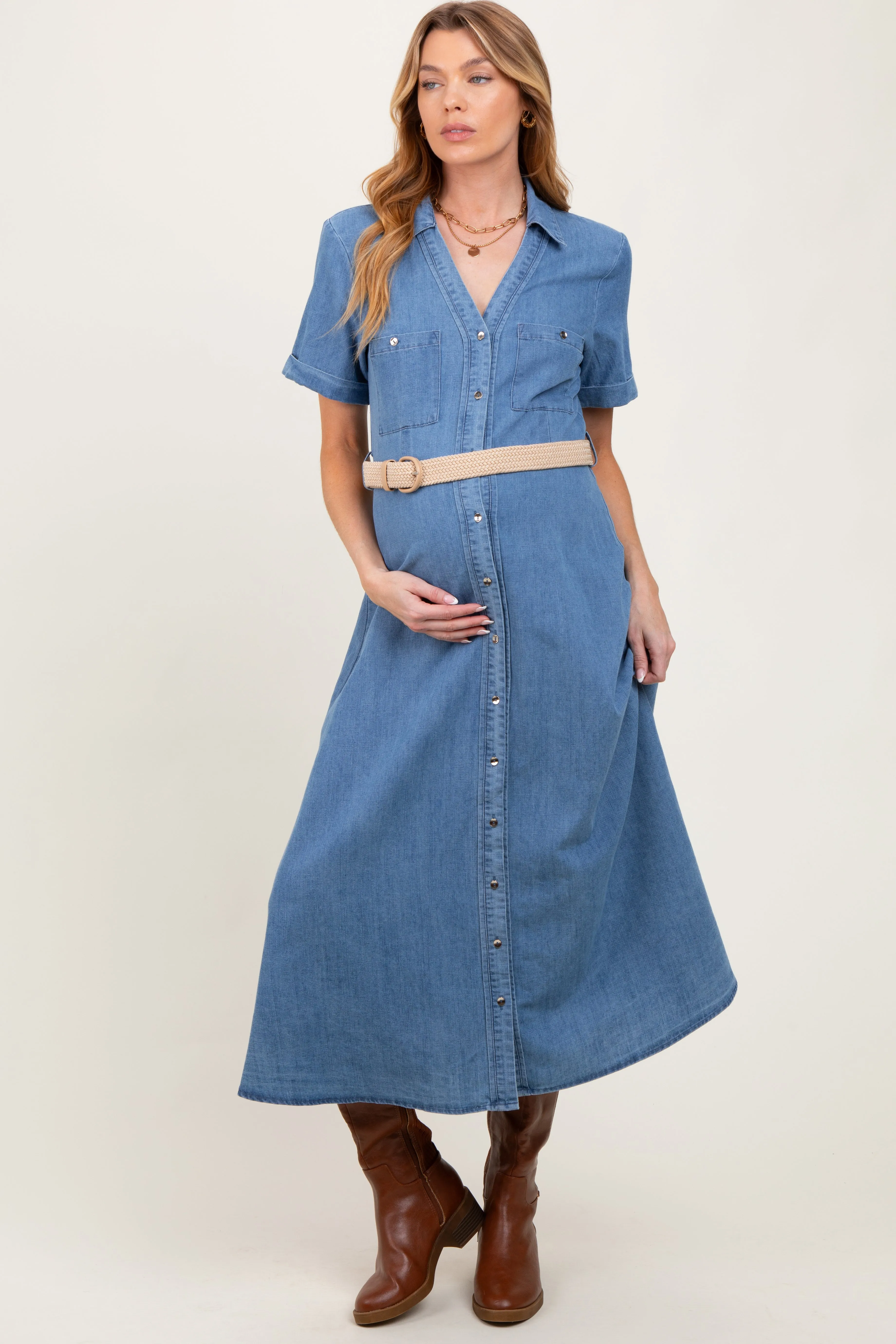 Blue Chambray Button Down Maternity Midi Shirt Dress sold by Pinkblush
