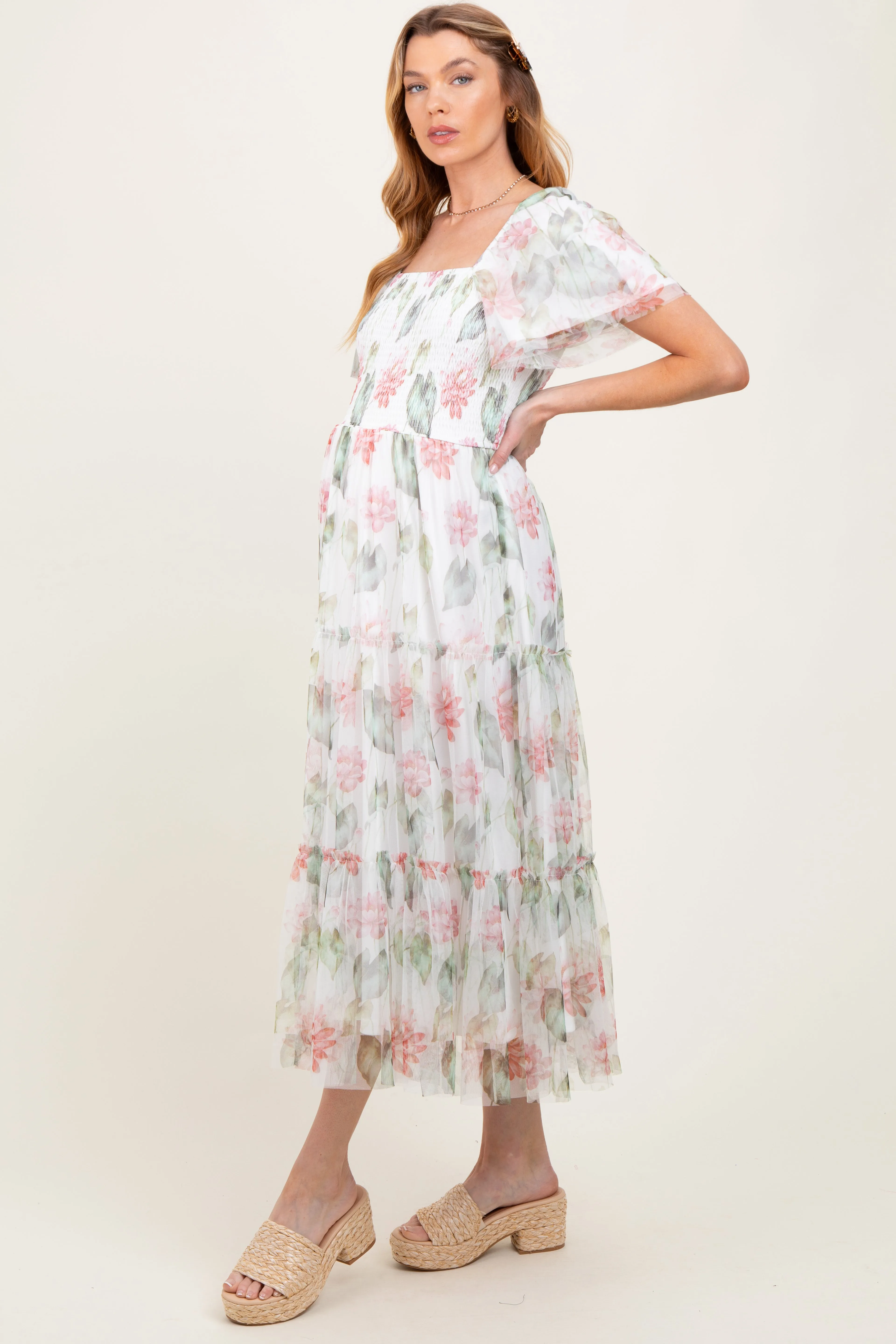 Ivory Floral Mesh Smocked Maternity Midi Dress sold by Pinkblush product image thumbnail 3
