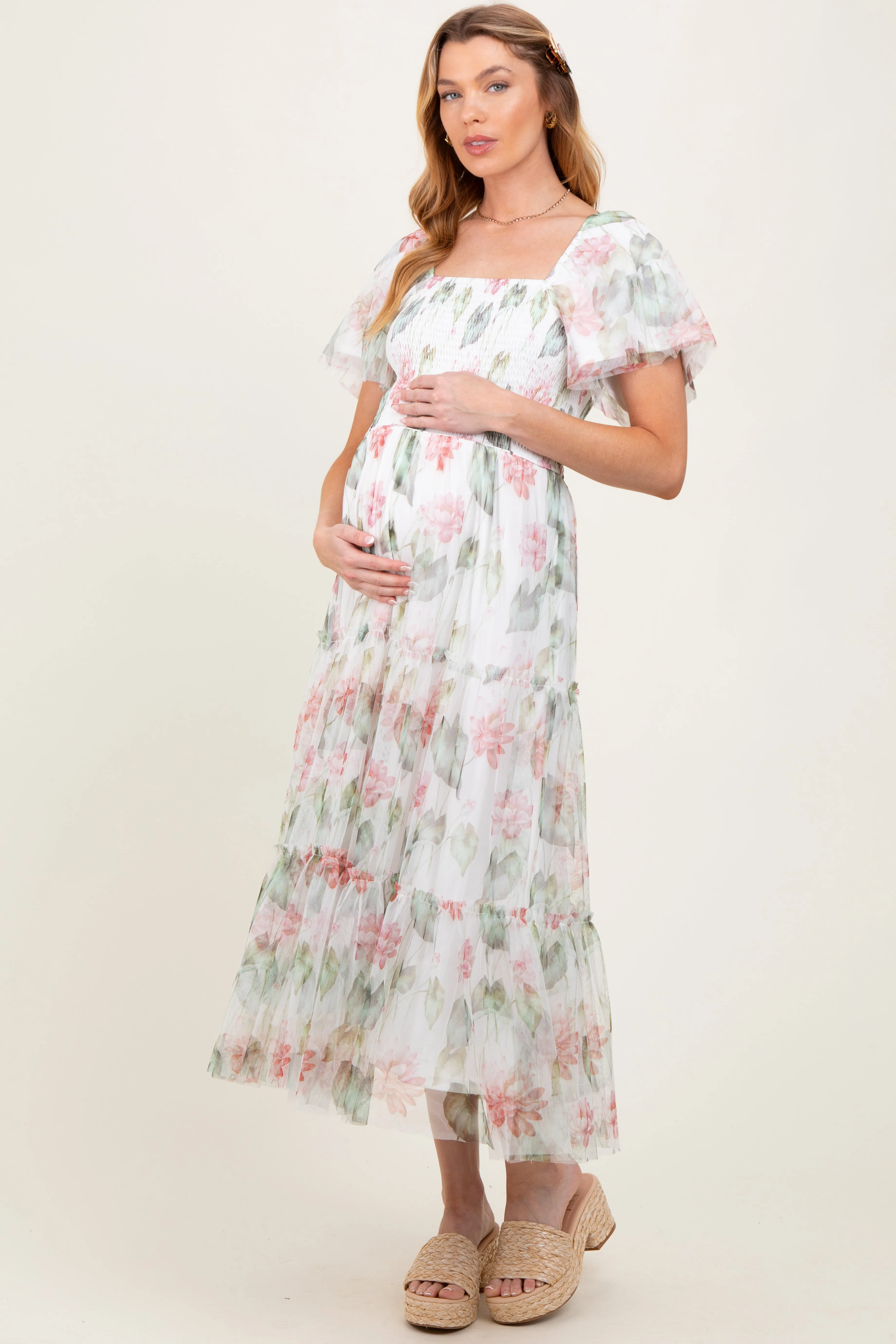 Ivory Floral Mesh Smocked Maternity Midi Dress sold by Pinkblush