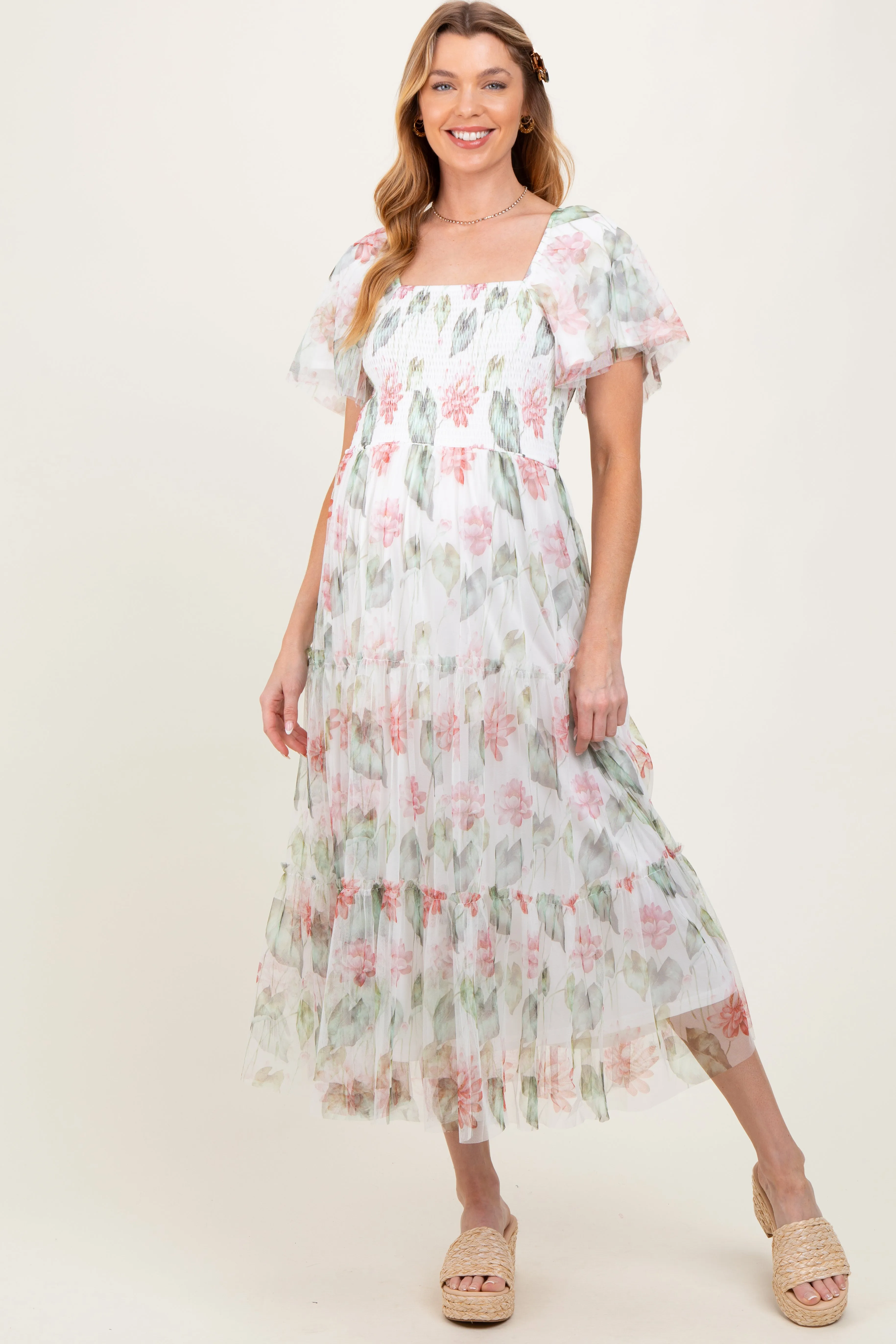 Ivory Floral Mesh Smocked Maternity Midi Dress sold by Pinkblush product image thumbnail 2